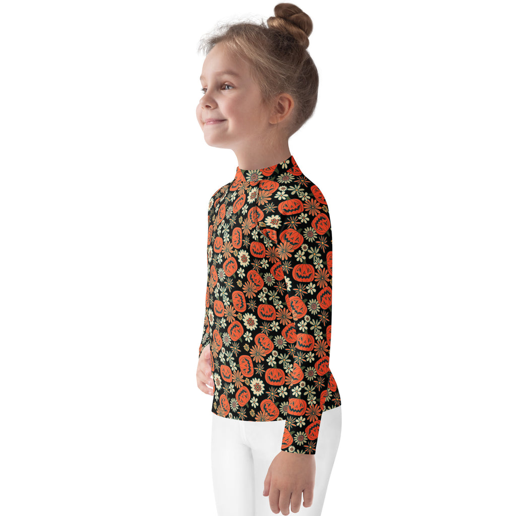 Kids Vintage Halloween Pumpkin Floral Long Sleeve Rash Guard Swim Shirt – Buttery Soft, Sun Safe UPF 50+ Protection, Quick Dry & 4-Way Stretch Comfort