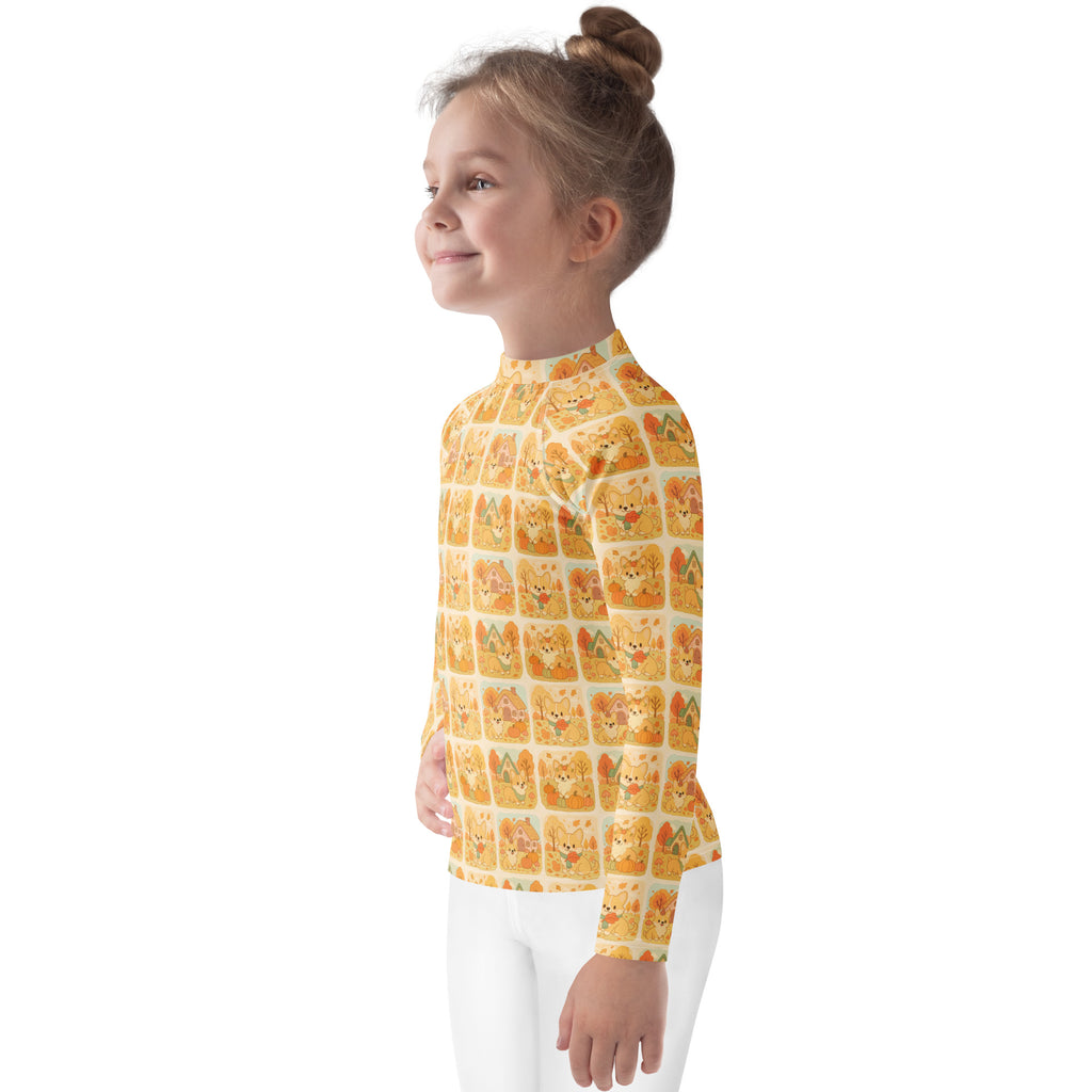 Kids Fall Corgi Long Sleeve Rash Guard Swim Shirt – Buttery Soft, Sun Safe UPF 50+ Protection, Quick Dry & 4-Way Stretch Comfort
