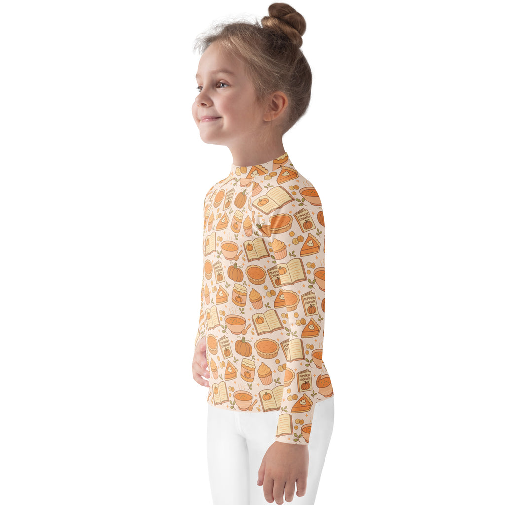 Kids Pumpkin Pie Themed Long Sleeve Rash Guard Swim Shirt – Buttery Soft, Sun Safe UPF 50+ Protection, Quick Dry & 4-Way Stretch Comfort