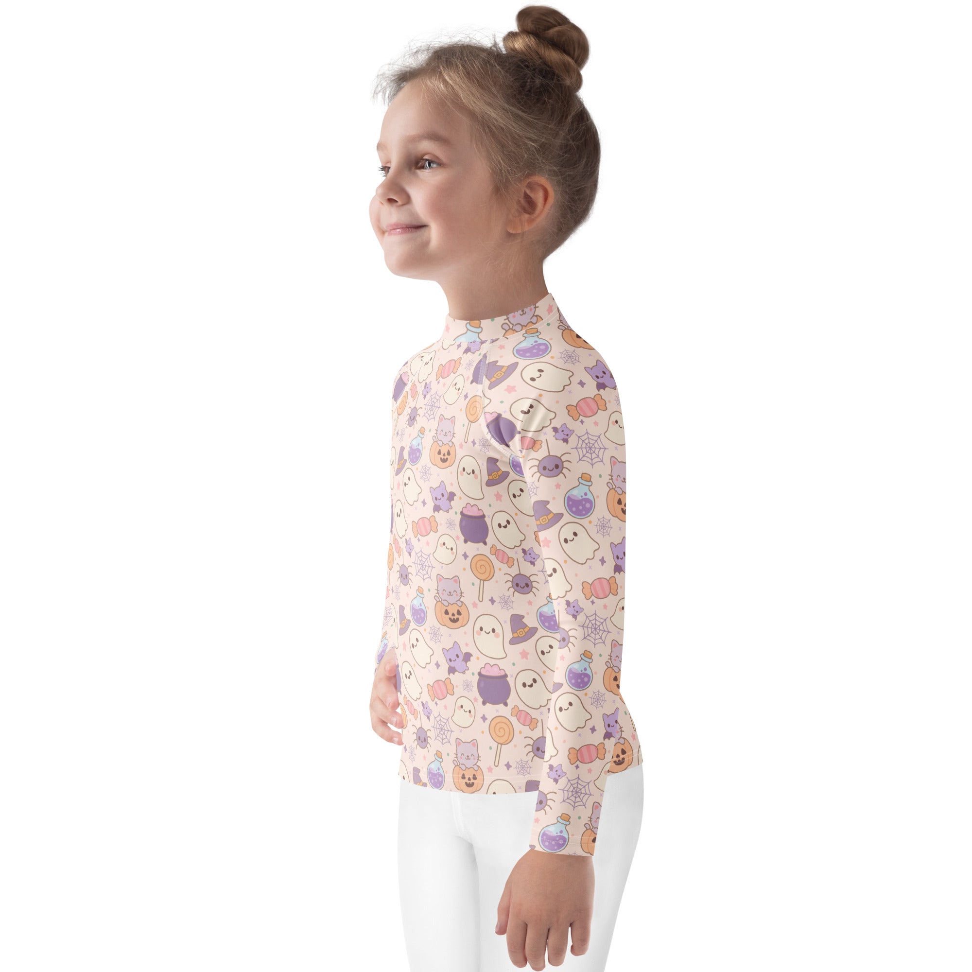 Girls Pastel Halloween Long Sleeve Rash Guard Swim Shirt – Buttery Soft, Sun Safe UPF 50+ Protection, Quick Dry & 4-Way Stretch Comfort