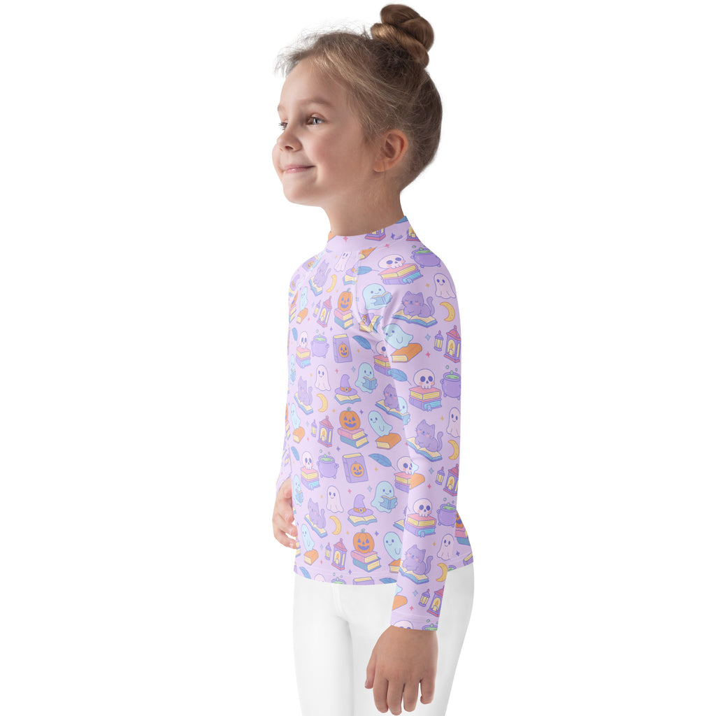 Girls Kawaii Halloween Book Lover Long Sleeve Rash Guard Swim Shirt – Buttery Soft, Sun Safe UPF 50+ Protection, Quick Dry & 4-Way Stretch Comfort