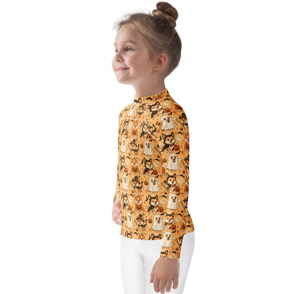 Kids Halloween Corgis Long Sleeve Rash Guard Swim Shirt – Buttery Soft, Sun Safe UPF 50+ Protection, Quick Dry & 4-Way Stretch Comfort