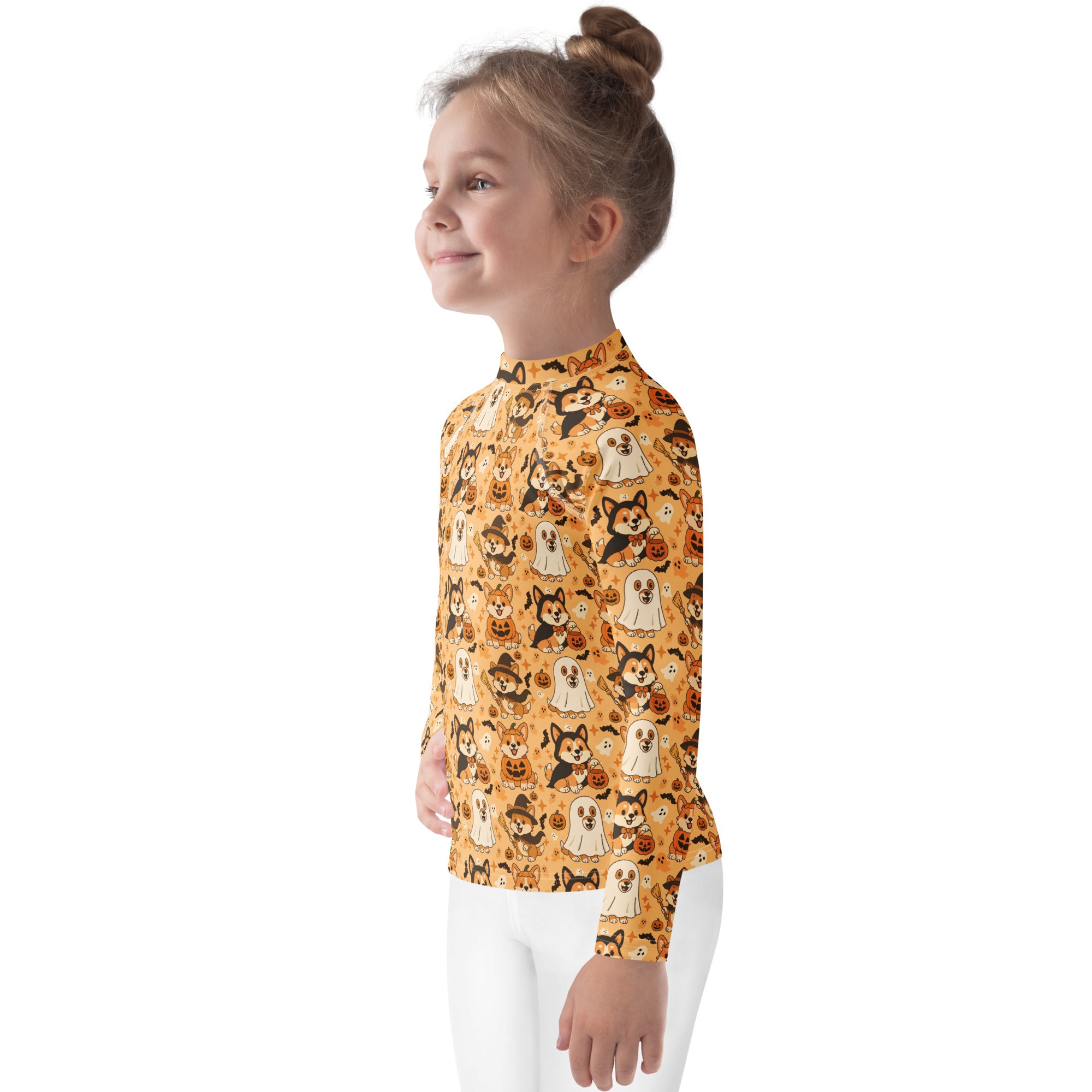 Kids Halloween Corgis Long Sleeve Rash Guard Swim Shirt – Buttery Soft, Sun Safe UPF 50+ Protection, Quick Dry & 4-Way Stretch Comfort