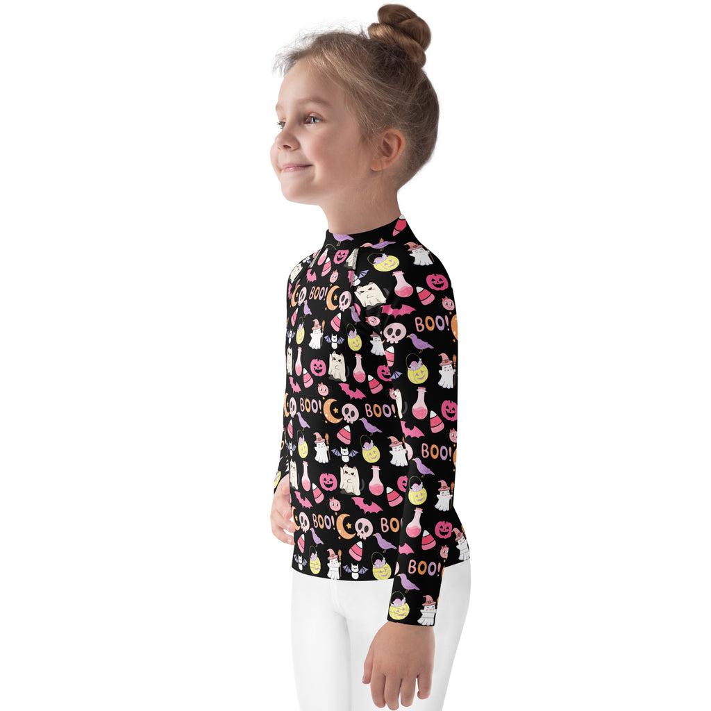 Girls Cute Pink Halloween Long Sleeve Rash Guard Swim Shirt – Buttery Soft, Sun Safe UPF 50+ Protection, Quick Dry & 4-Way Stretch Comfort