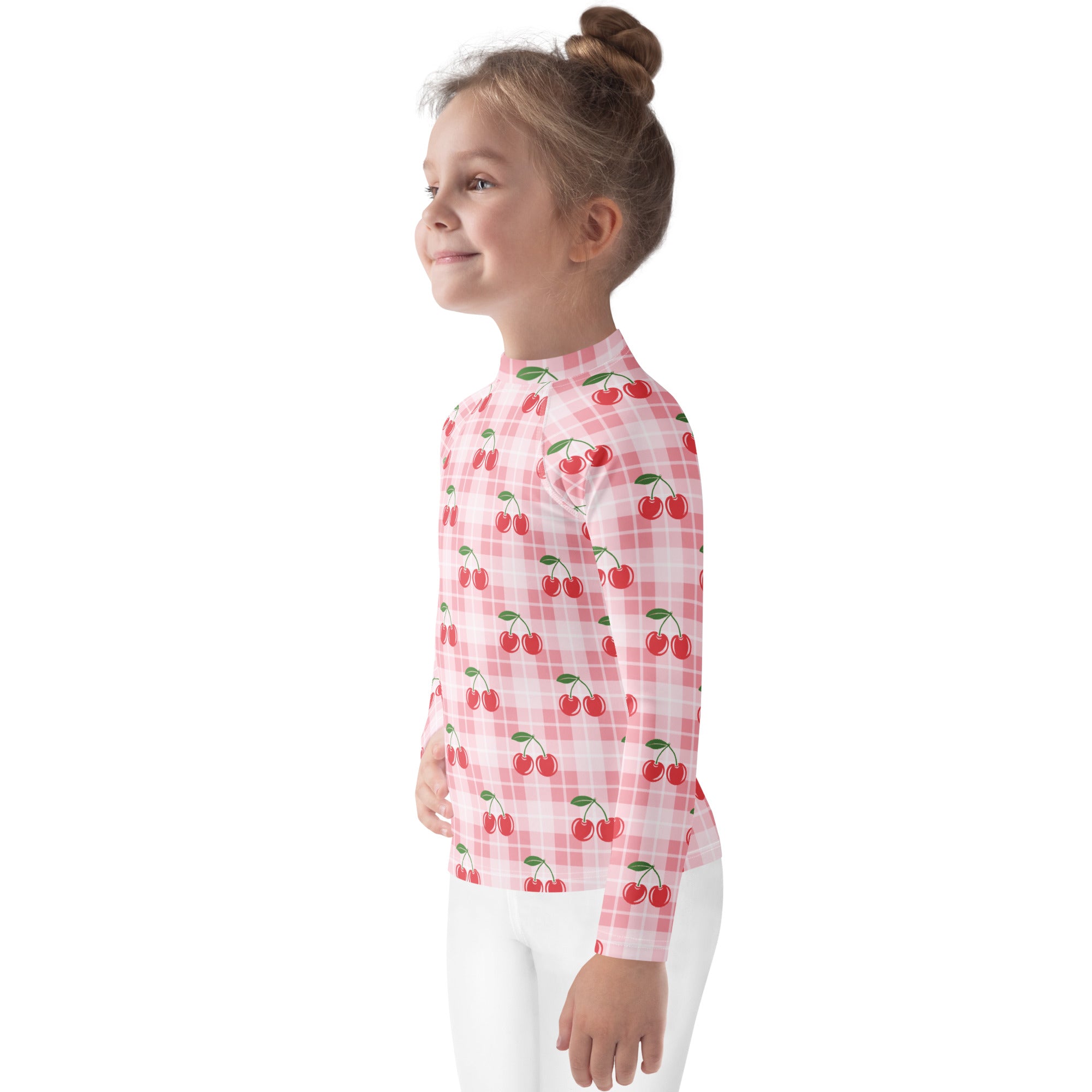 Girls Pink Plaid Cherry Long Sleeve Rash Guard Swim Shirt – Buttery Soft, Sun Safe UPF 50+ Protection, Quick Dry & 4-Way Stretch Comfort