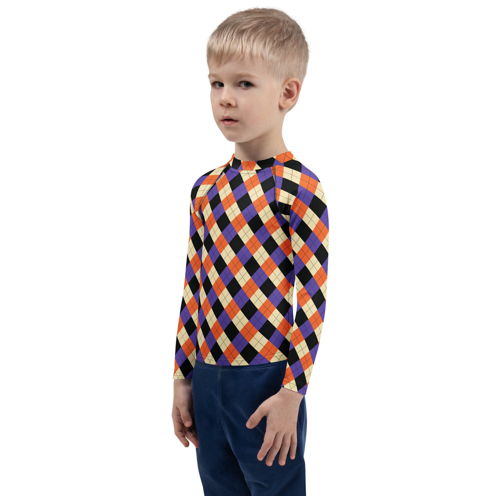 Kids Halloween Argyle Long Sleeve Rash Guard Swim Shirt – Buttery Soft, Sun Safe UPF 50+ Protection, Quick Dry & 4-Way Stretch Comfort