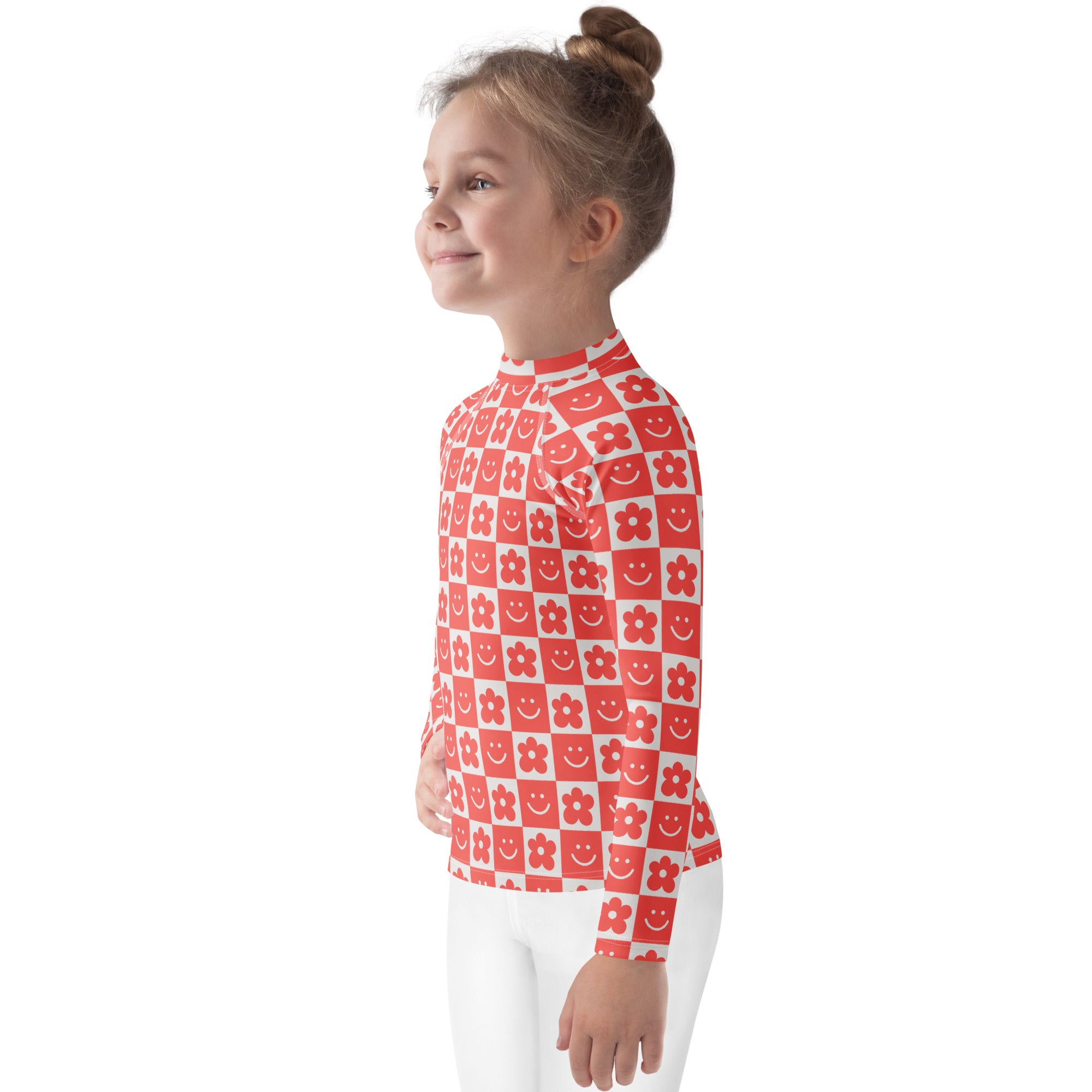 Girls Retro Smile Flower Checkerboard Long Sleeve Rash Guard Swim Shirt – Buttery Soft, Sun Safe UPF 50+ Protection, Quick Dry & 4-Way Stretch Comfort