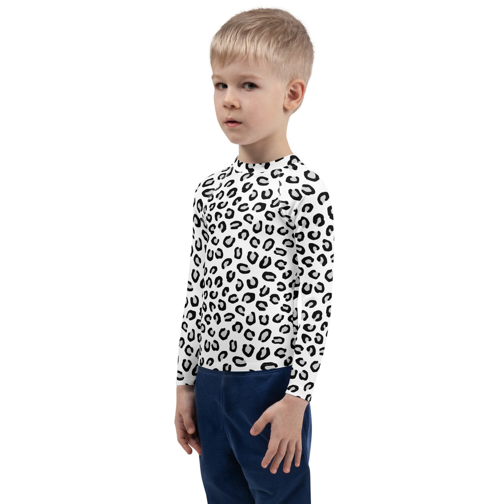Kids Black & White Leopard Long Sleeve Rash Guard Swim Shirt – Buttery Soft, Sun Safe UPF 50+ Protection, Quick Dry & 4-Way Stretch Comfort
