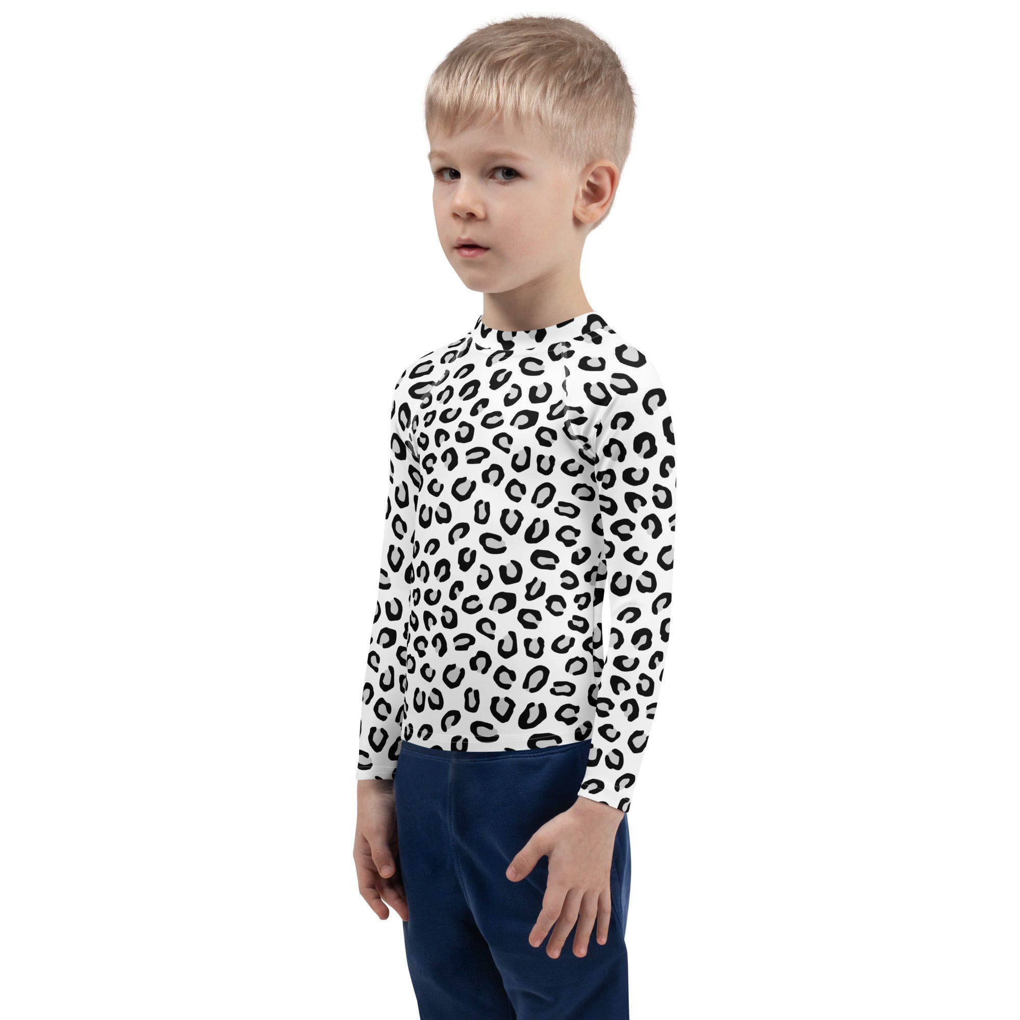 Kids Black & White Leopard Long Sleeve Rash Guard Swim Shirt – Buttery Soft, Sun Safe UPF 50+ Protection, Quick Dry & 4-Way Stretch Comfort