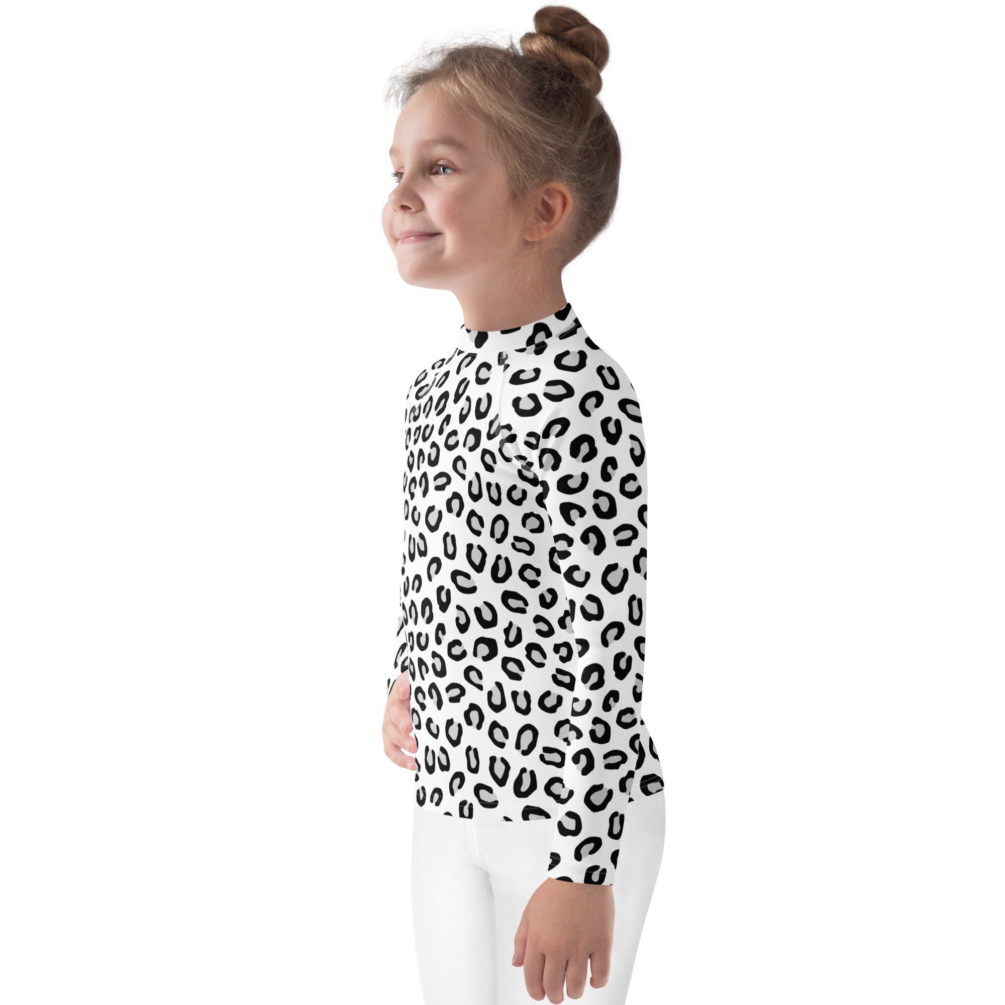 Kids Black & White Leopard Long Sleeve Rash Guard Swim Shirt – Buttery Soft, Sun Safe UPF 50+ Protection, Quick Dry & 4-Way Stretch Comfort