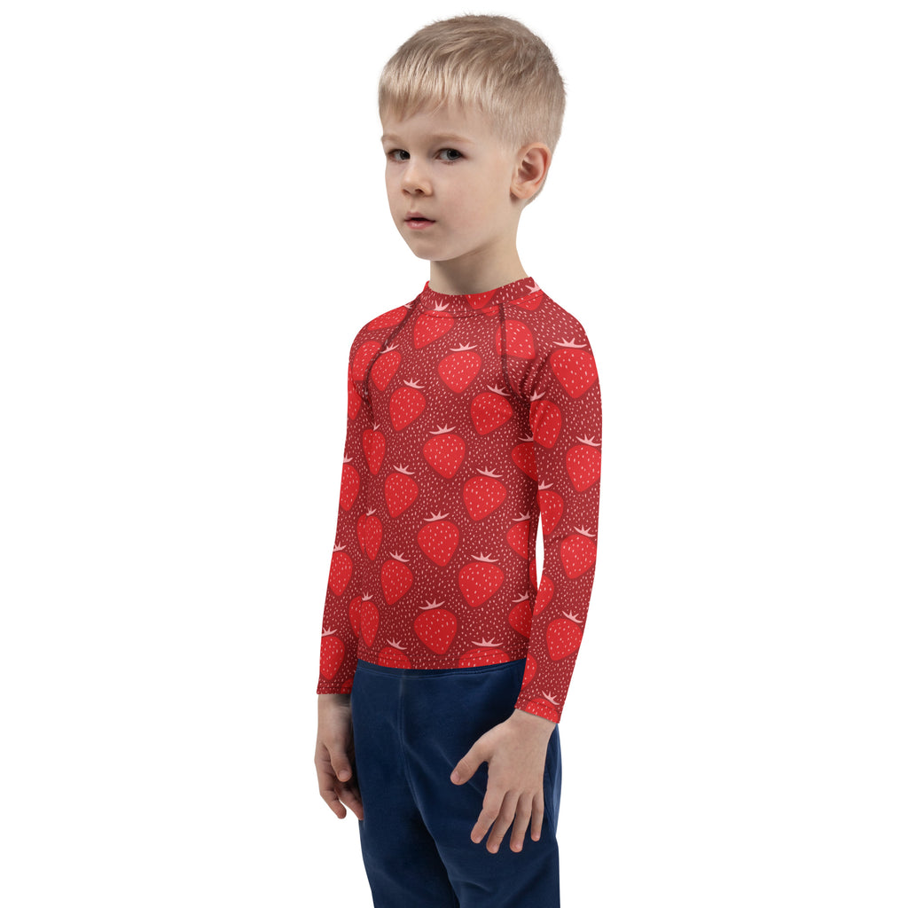 Kids Red Strawberry Long Sleeve Rash Guard Swim Shirt – Buttery Soft, Sun Safe UPF 50+ Protection, Quick Dry & 4-Way Stretch Comfort