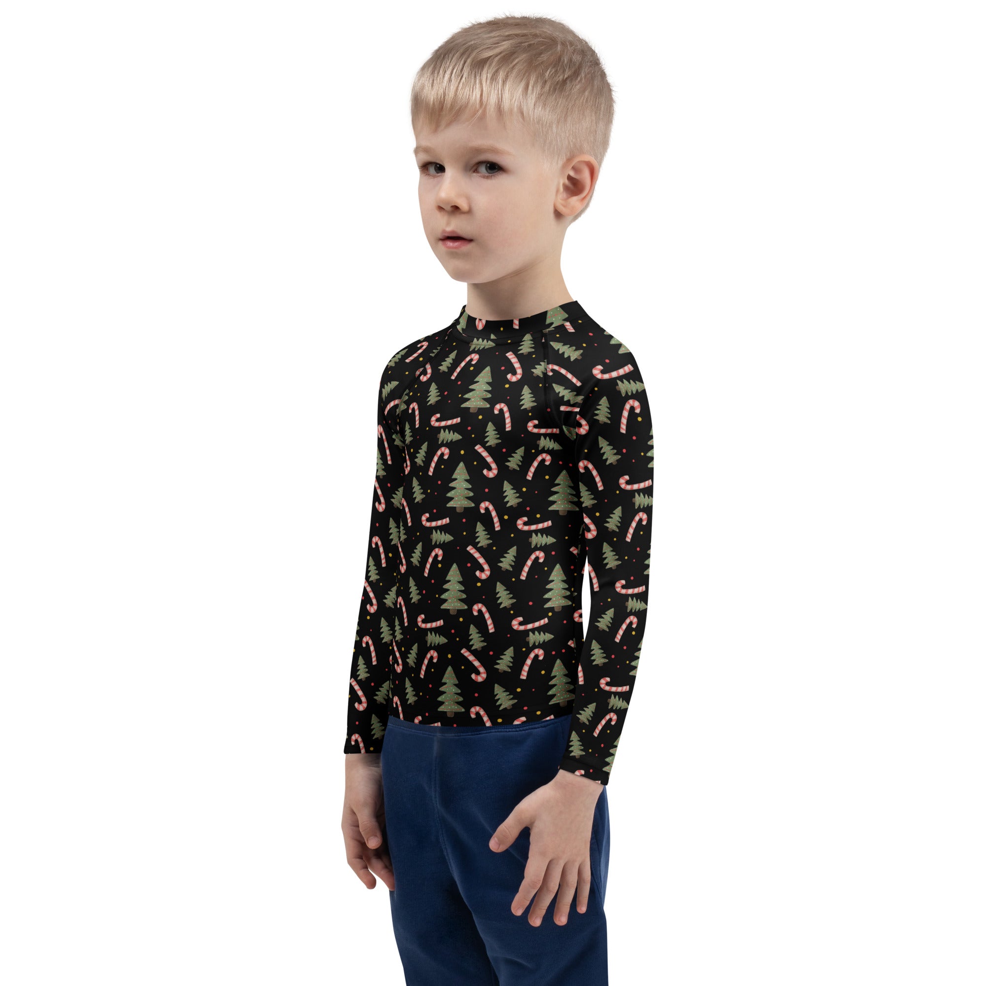 Kids Christmas Tree Candy Cane Long Sleeve Rash Guard Swim Shirt – Buttery Soft, Sun Safe UPF 50+ Protection, Quick Dry & 4-Way Stretch Comfort