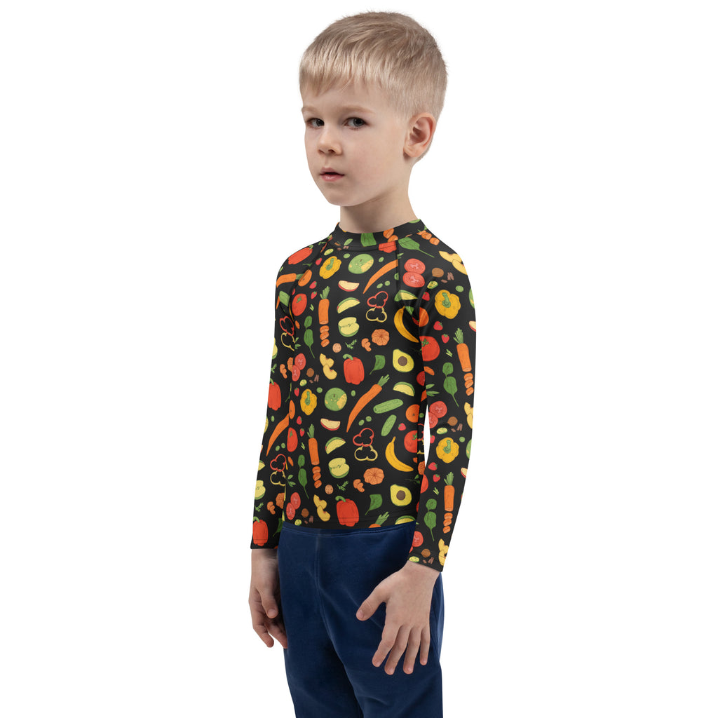 Kids Healthy Fruits & Veggies Long Sleeve Rash Guard Swim Shirt – Buttery Soft, Sun Safe UPF 50+ Protection, Quick Dry & 4-Way Stretch Comfort
