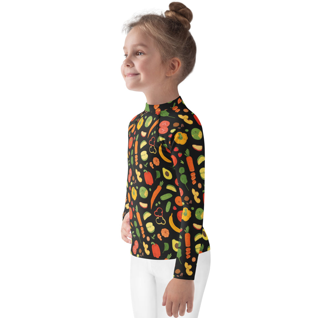 Kids Healthy Fruits & Veggies Long Sleeve Rash Guard Swim Shirt – Buttery Soft, Sun Safe UPF 50+ Protection, Quick Dry & 4-Way Stretch Comfort