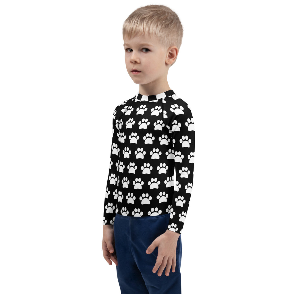 Kids Black Paw Print Long Sleeve Rash Guard Swim Shirt – Buttery Soft, Sun Safe UPF 50+ Protection, Quick Dry & 4-Way Stretch Comfort
