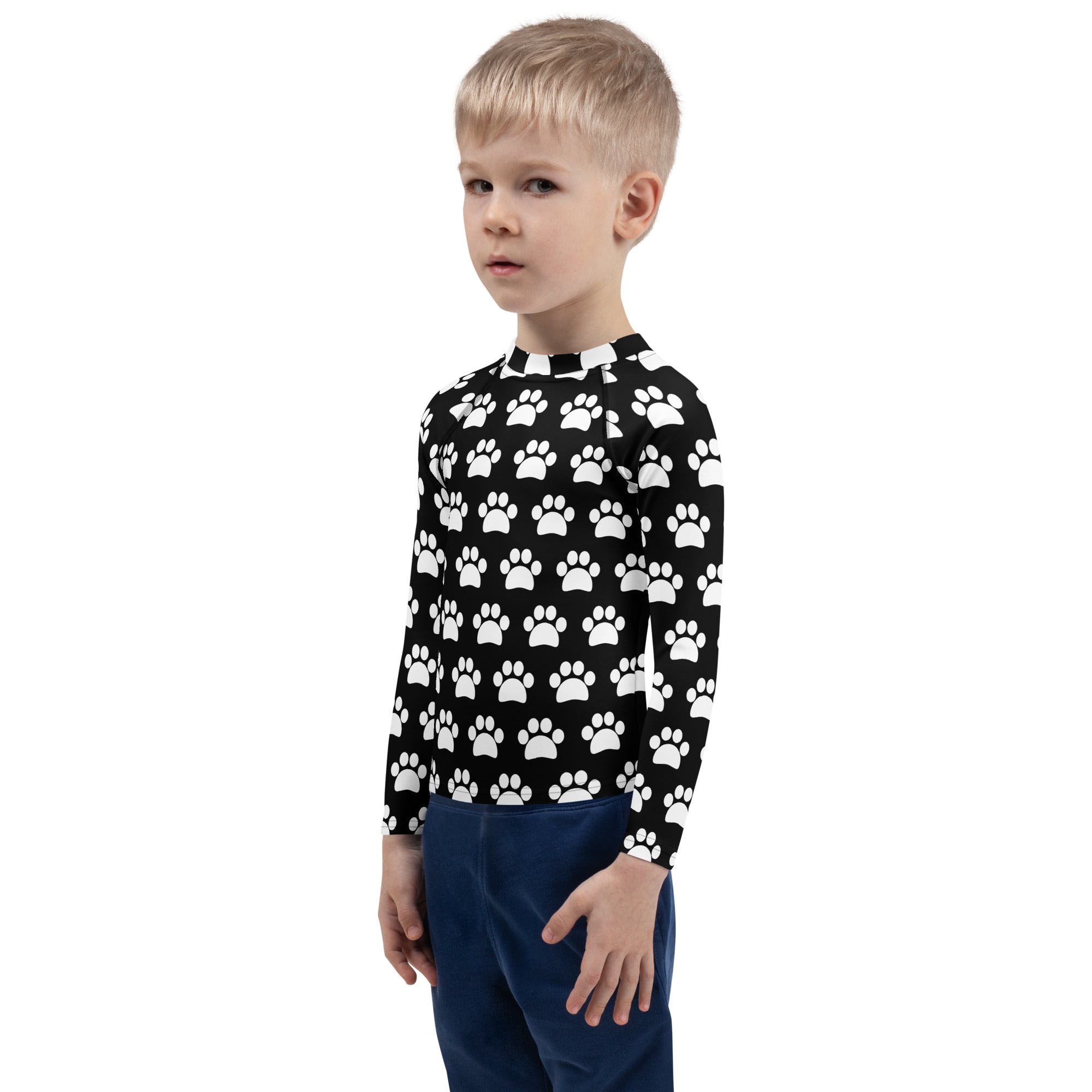 Kids Black Paw Print Long Sleeve Rash Guard Swim Shirt – Buttery Soft, Sun Safe UPF 50+ Protection, Quick Dry & 4-Way Stretch Comfort