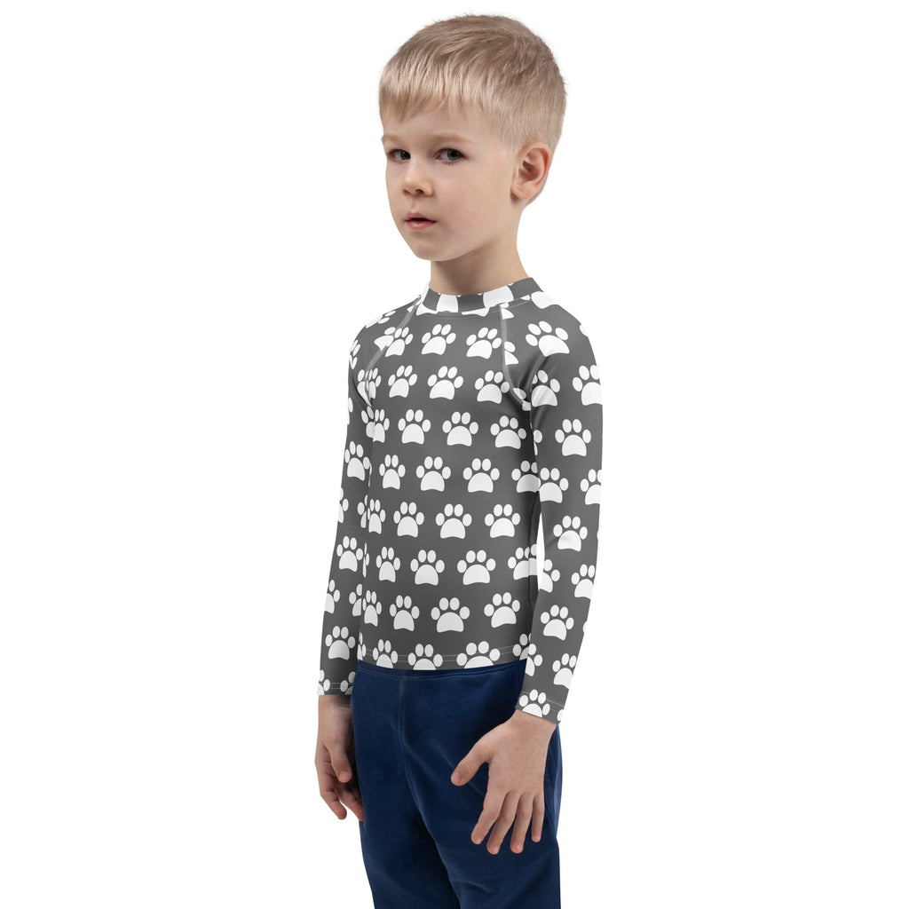 Kids Gray Paw Print Long Sleeve Rash Guard Swim Shirt – Buttery Soft, Sun Safe UPF 50+ Protection, Quick Dry & 4-Way Stretch Comfort