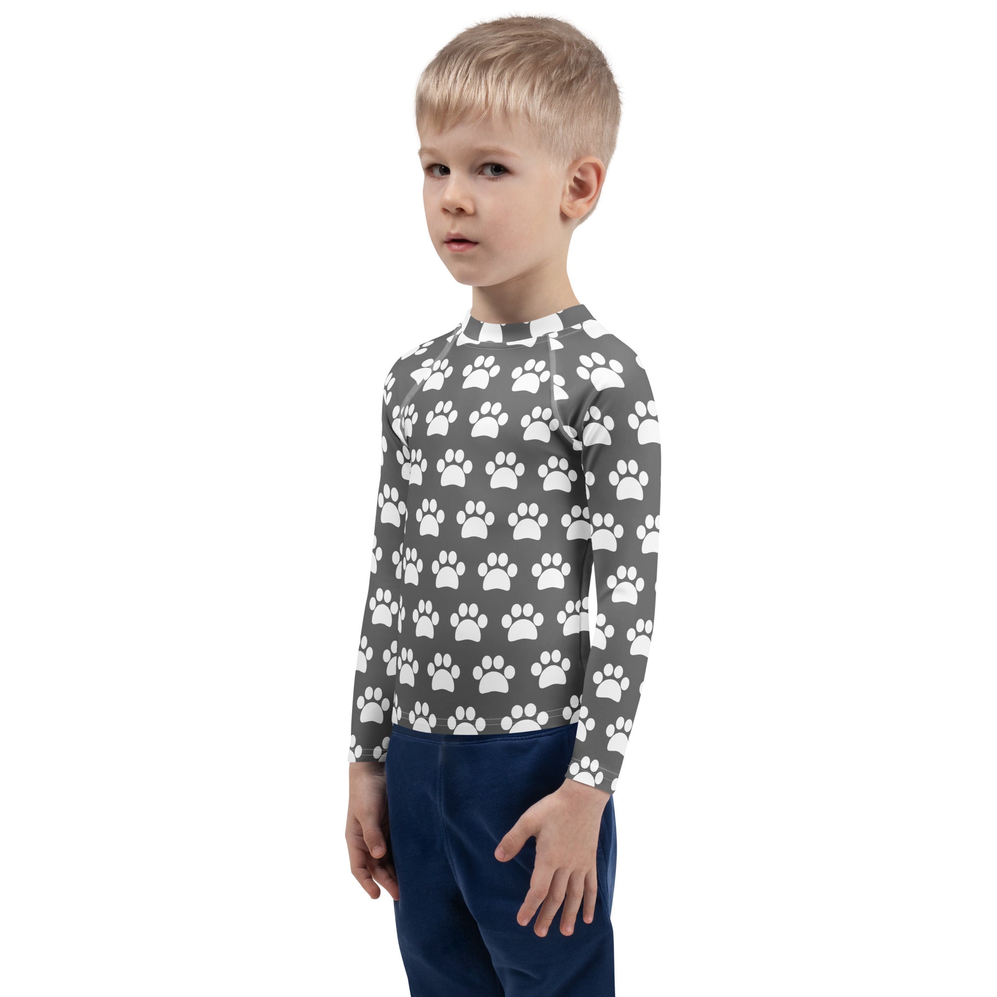 Kids Gray Paw Print Long Sleeve Rash Guard Swim Shirt – Buttery Soft, Sun Safe UPF 50+ Protection, Quick Dry & 4-Way Stretch Comfort