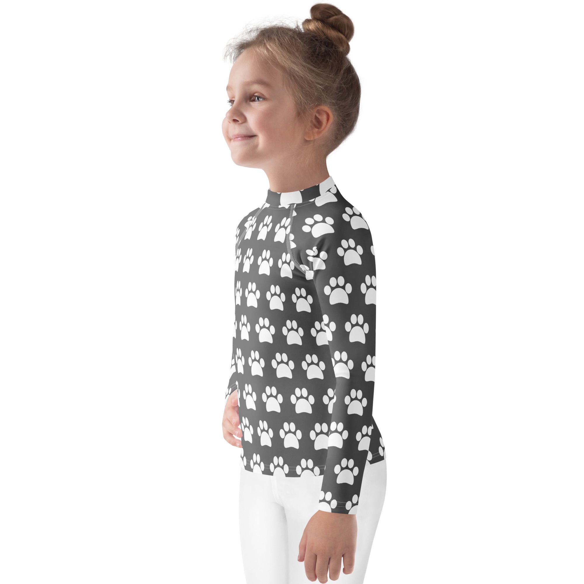 Kids Gray Paw Print Long Sleeve Rash Guard Swim Shirt – Buttery Soft, Sun Safe UPF 50+ Protection, Quick Dry & 4-Way Stretch Comfort