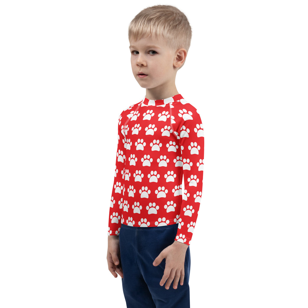 Kids Red Paw Print Long Sleeve Rash Guard Swim Shirt – Buttery Soft, Sun Safe UPF 50+ Protection, Quick Dry & 4-Way Stretch Comfort
