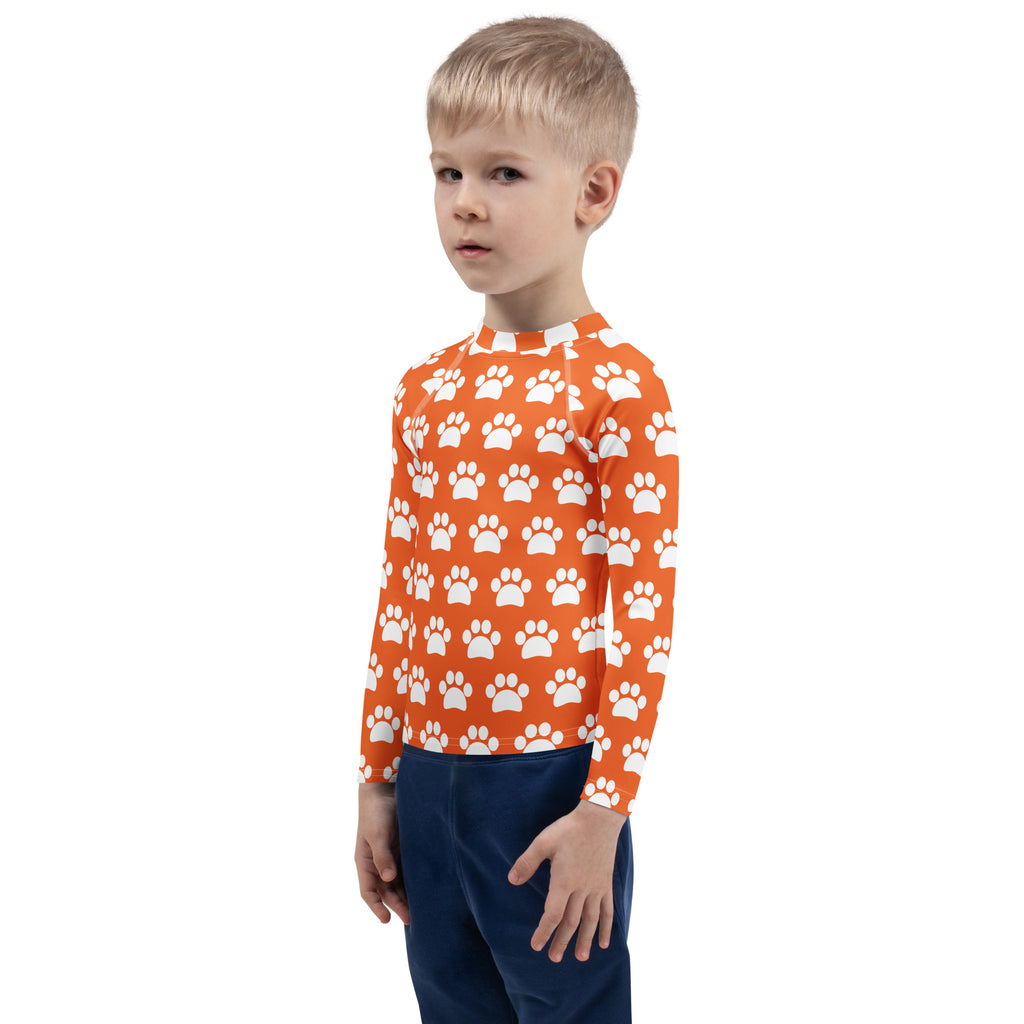Kids Orange Paw Print Long Sleeve Rash Guard Swim Shirt – Buttery Soft, Sun Safe UPF 50+ Protection, Quick Dry & 4-Way Stretch Comfort