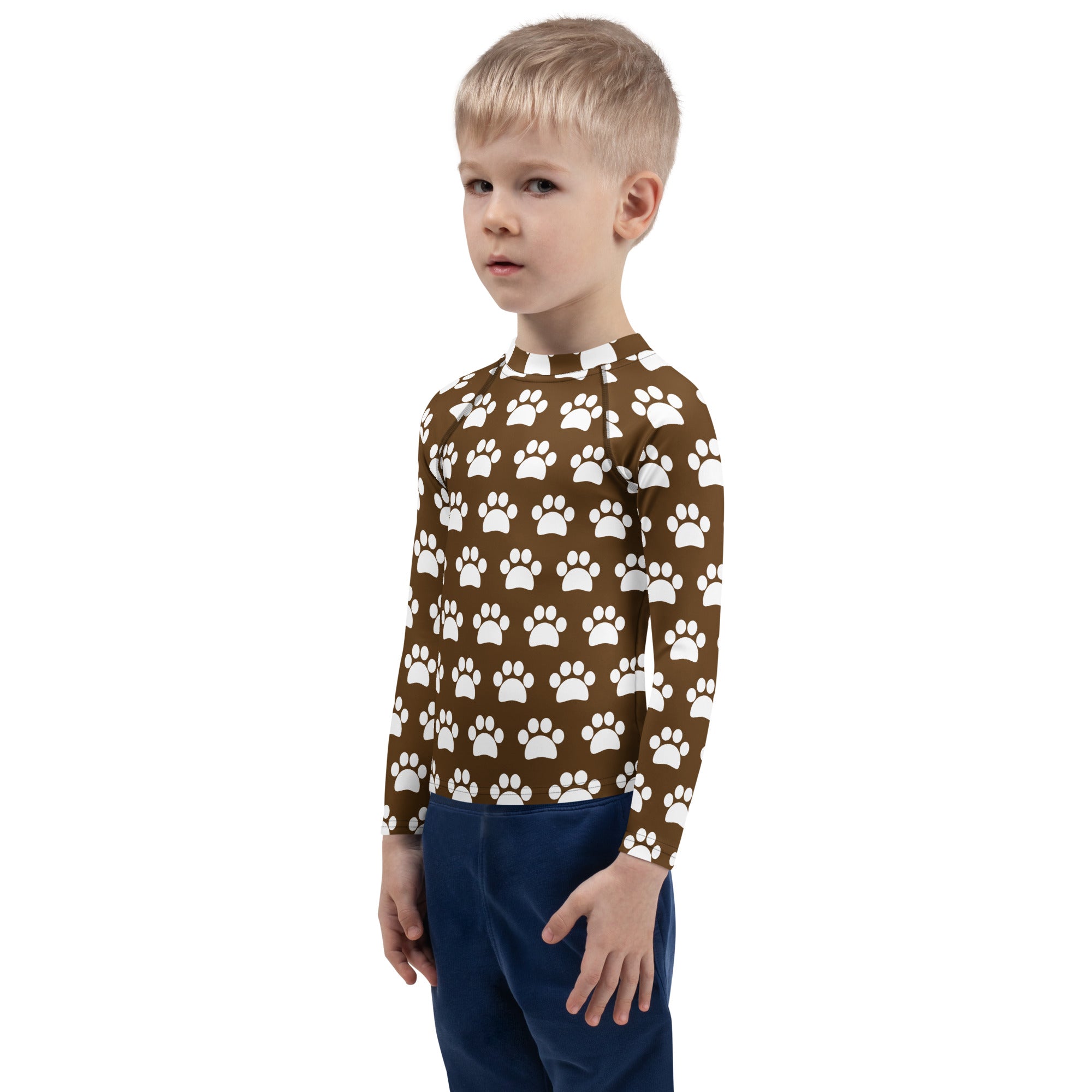 Kids Brown Paw Print Long Sleeve Rash Guard Swim Shirt – Buttery Soft, Sun Safe UPF 50+ Protection, Quick Dry & 4-Way Stretch Comfort
