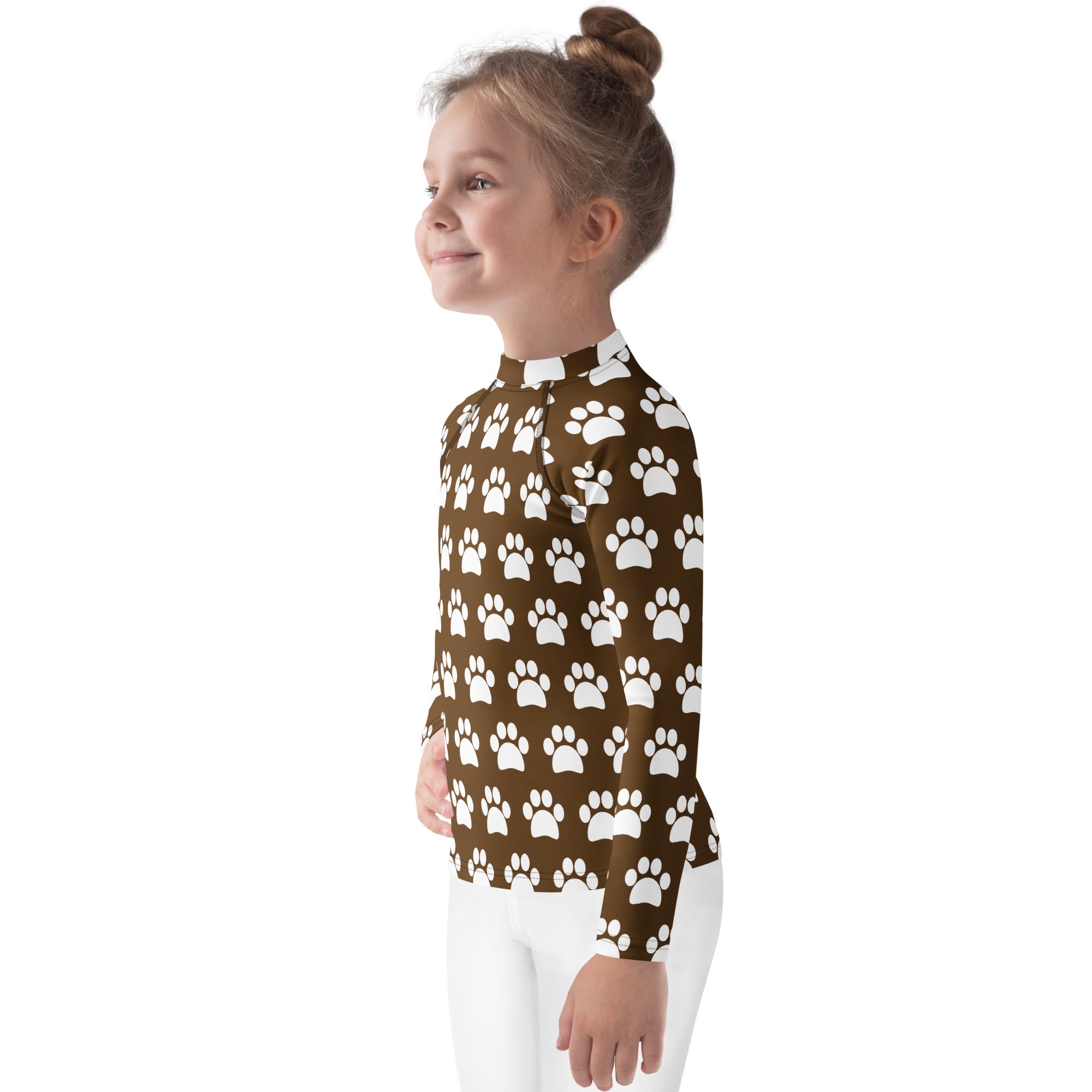 Kids Brown Paw Print Long Sleeve Rash Guard Swim Shirt – Buttery Soft, Sun Safe UPF 50+ Protection, Quick Dry & 4-Way Stretch Comfort