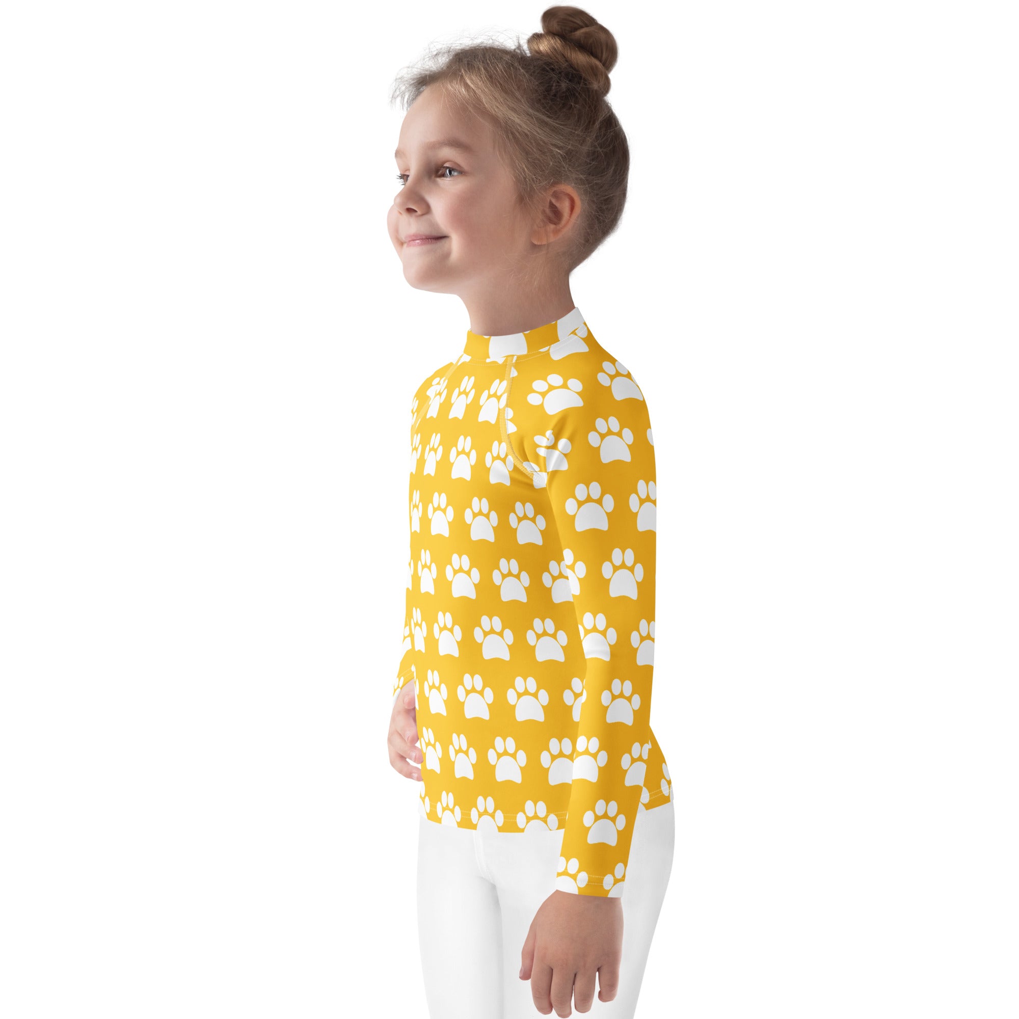 Kids Yellow Paw Print Long Sleeve Rash Guard Swim Shirt – Buttery Soft, Sun Safe UPF 50+ Protection, Quick Dry & 4-Way Stretch Comfort
