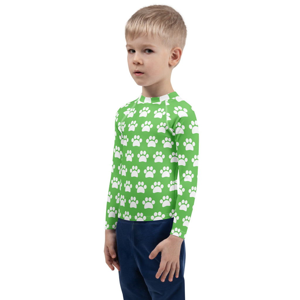 Kids Green Paw Print Long Sleeve Rash Guard Swim Shirt – Buttery Soft, Sun Safe UPF 50+ Protection, Quick Dry & 4-Way Stretch Comfort