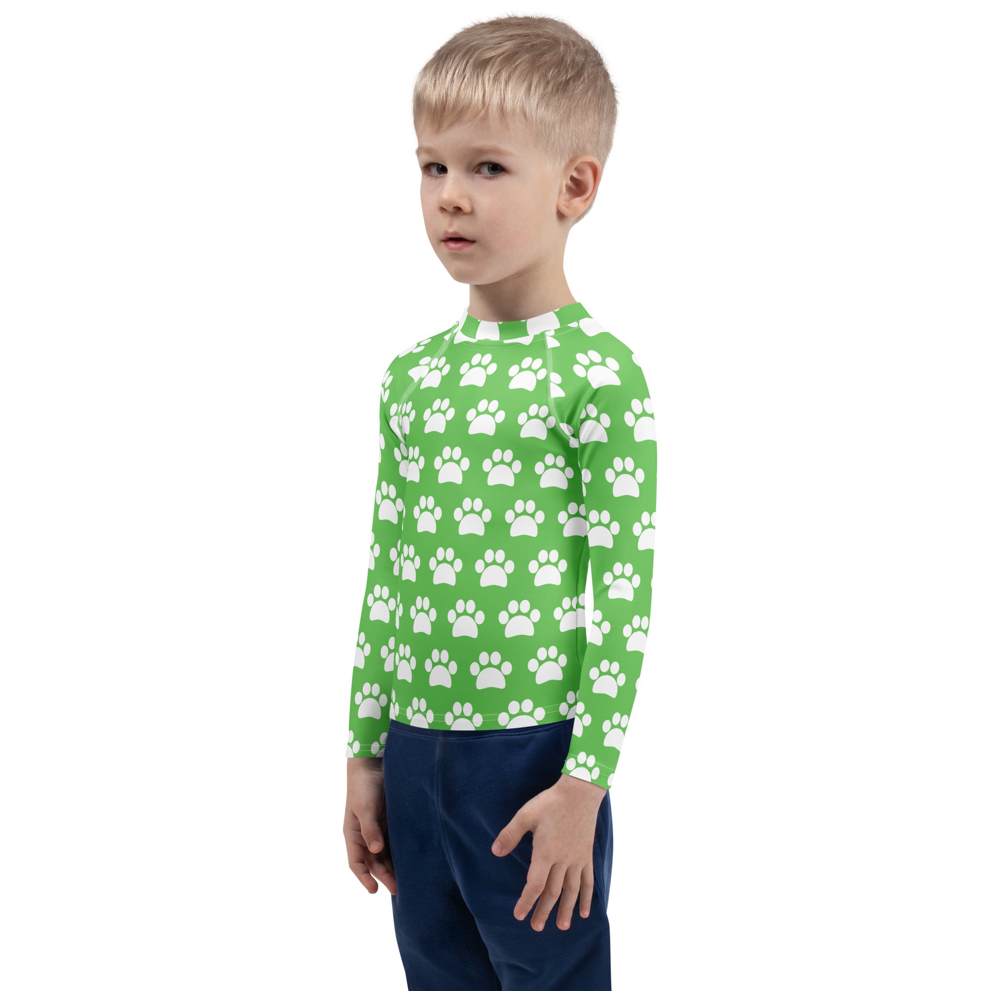 Kids Green Paw Print Long Sleeve Rash Guard Swim Shirt – Buttery Soft, Sun Safe UPF 50+ Protection, Quick Dry & 4-Way Stretch Comfort