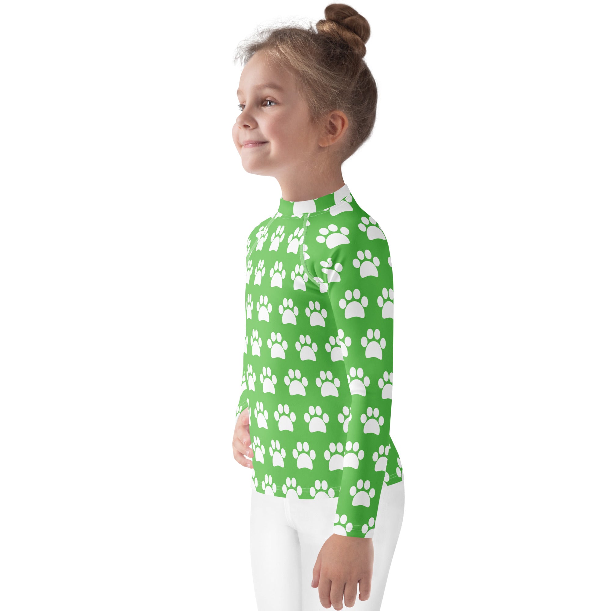Kids Green Paw Print Long Sleeve Rash Guard Swim Shirt – Buttery Soft, Sun Safe UPF 50+ Protection, Quick Dry & 4-Way Stretch Comfort