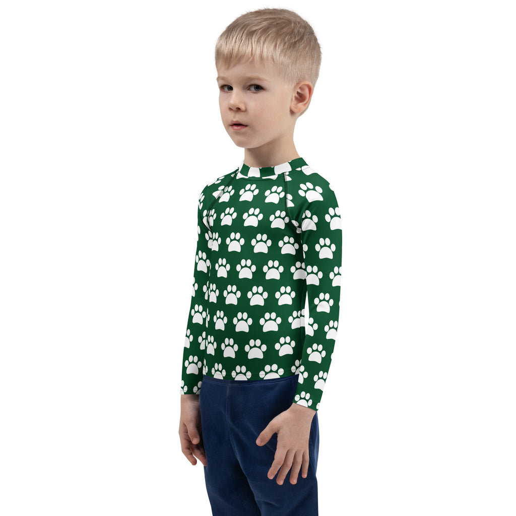 Kids Dark Green Paw Print Long Sleeve Rash Guard Swim Shirt – Buttery Soft, Sun Safe UPF 50+ Protection, Quick Dry & 4-Way Stretch Comfort