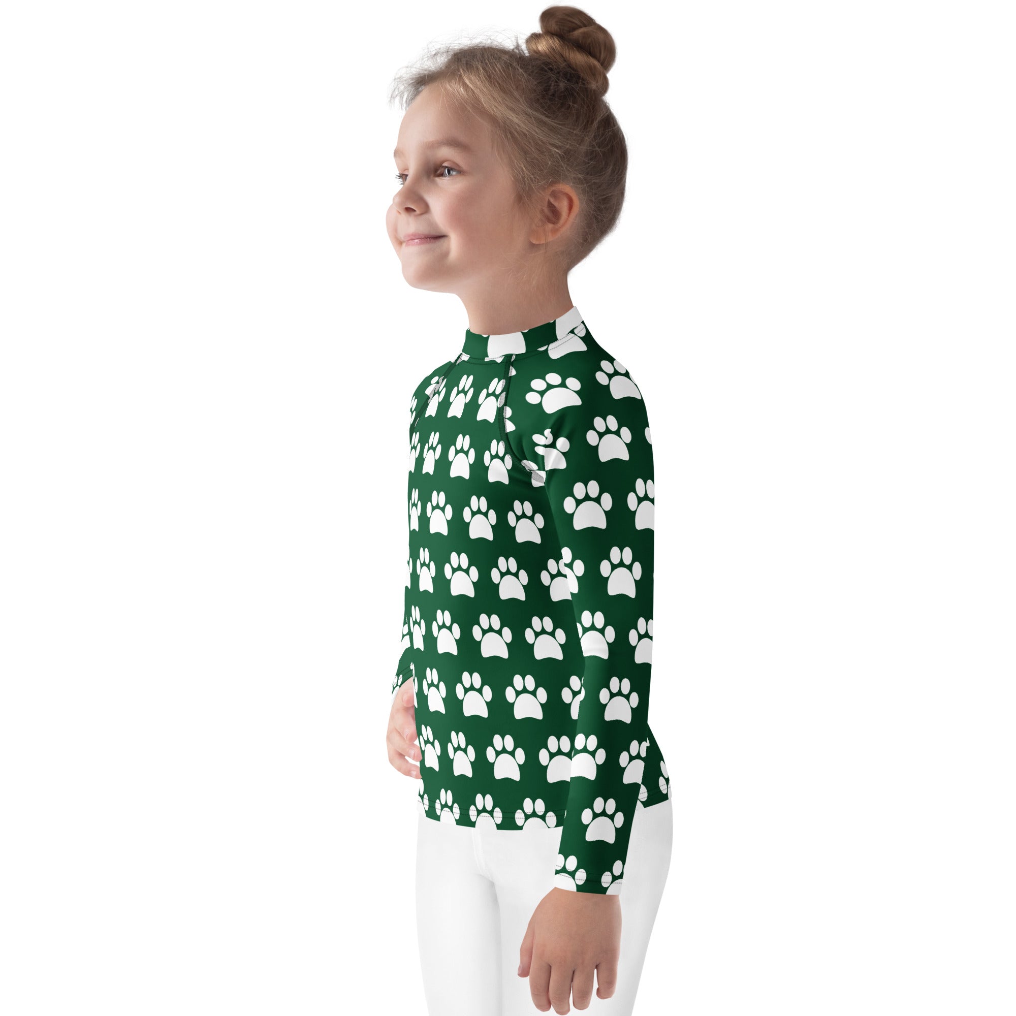 Kids Dark Green Paw Print Long Sleeve Rash Guard Swim Shirt – Buttery Soft, Sun Safe UPF 50+ Protection, Quick Dry & 4-Way Stretch Comfort