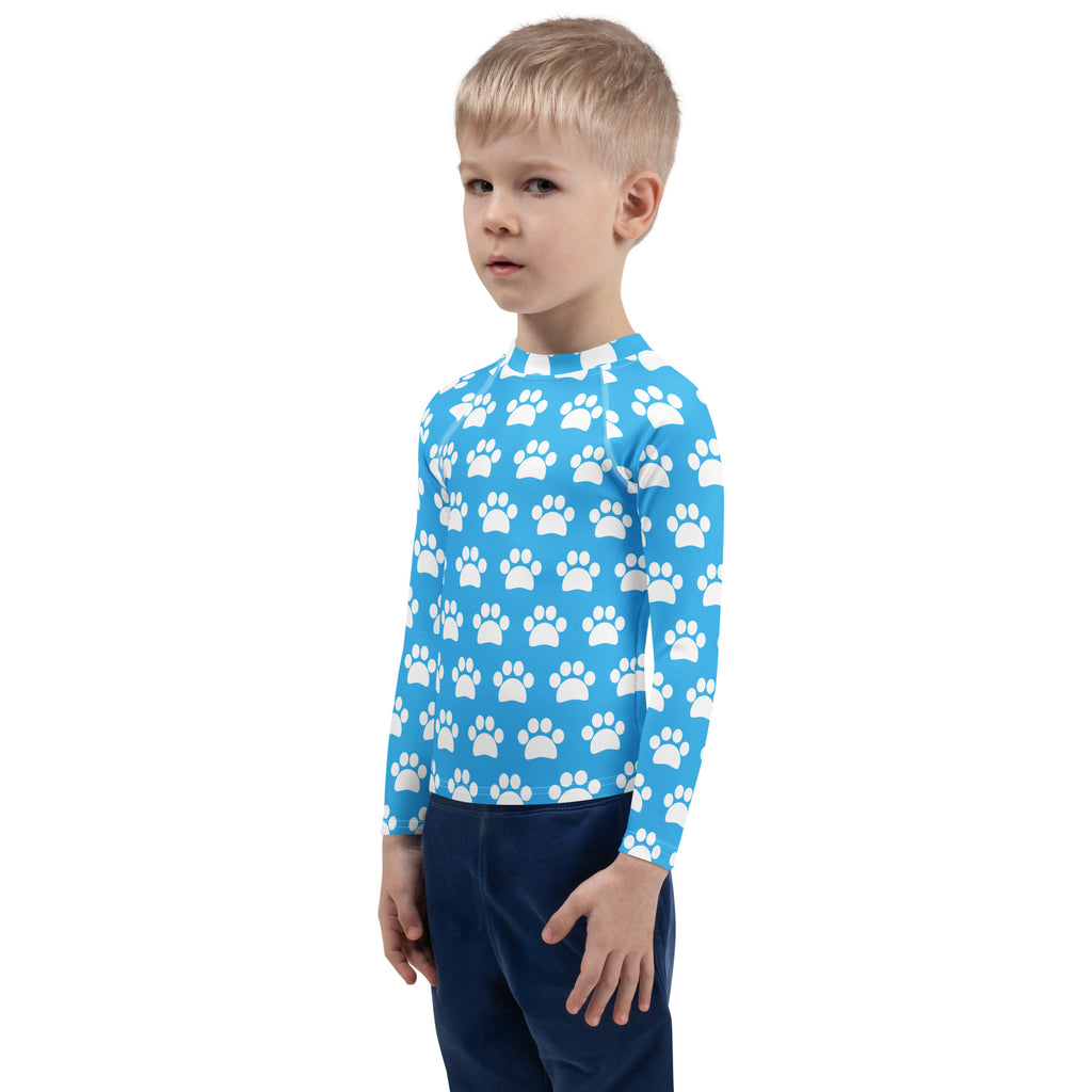 Kids Sky Blue Paw Print Long Sleeve Rash Guard Swim Shirt – Buttery Soft, Sun Safe UPF 50+ Protection, Quick Dry & 4-Way Stretch Comfort