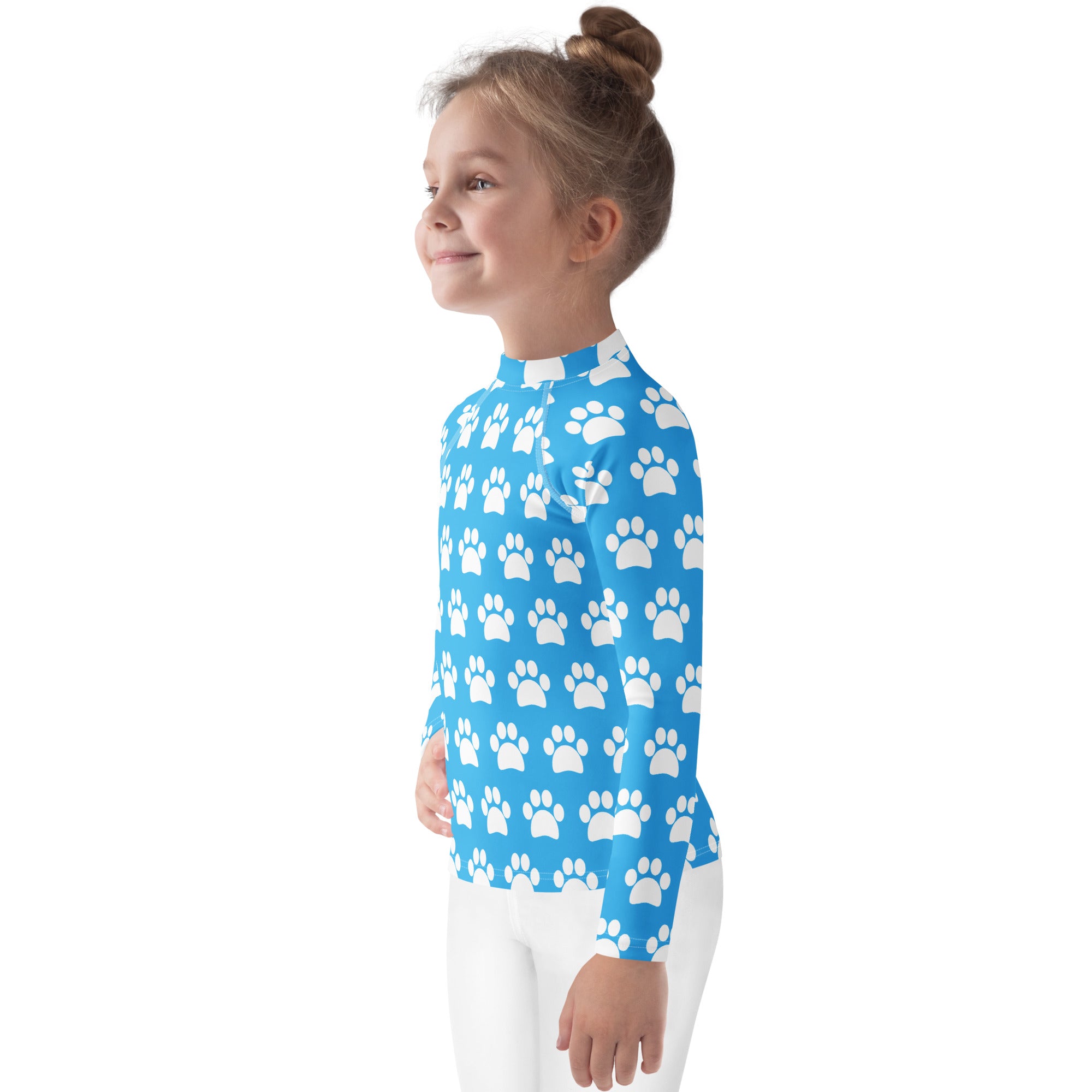 Kids Sky Blue Paw Print Long Sleeve Rash Guard Swim Shirt – Buttery Soft, Sun Safe UPF 50+ Protection, Quick Dry & 4-Way Stretch Comfort