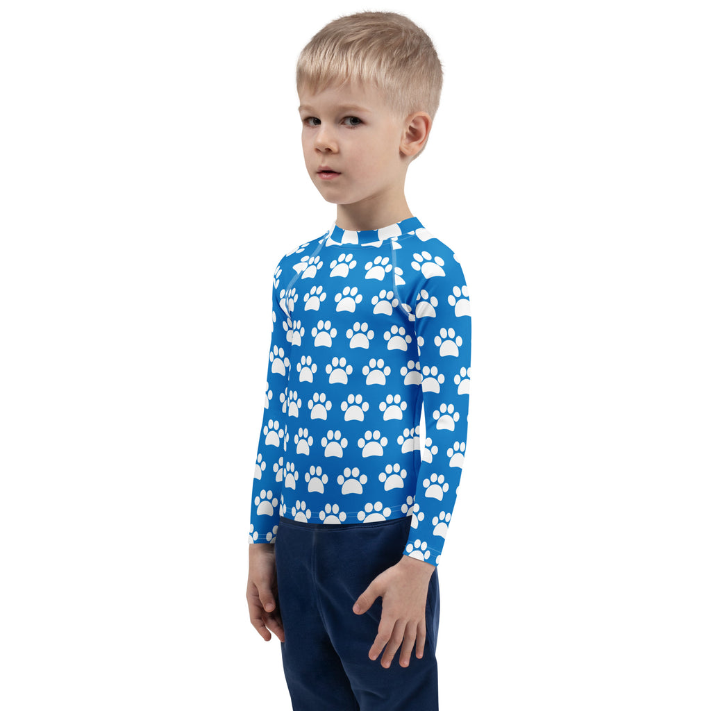 Kids Royal Blue Paw Print Long Sleeve Rash Guard Swim Shirt – Buttery Soft, Sun Safe UPF 50+ Protection, Quick Dry & 4-Way Stretch Comfort