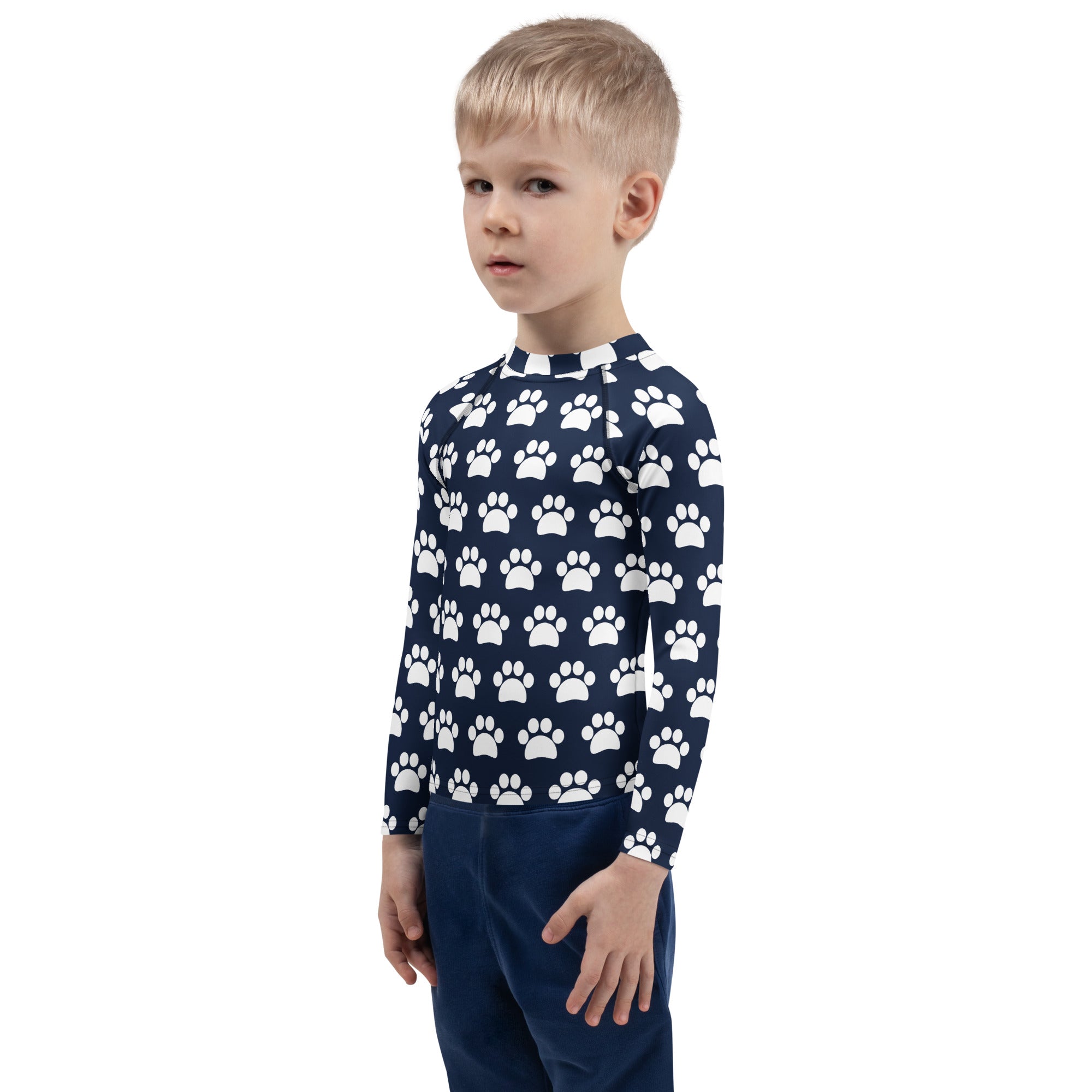 Kids Navy Blue Paw Print Long Sleeve Rash Guard Swim Shirt – Buttery Soft, Sun Safe UPF 50+ Protection, Quick Dry & 4-Way Stretch Comfort