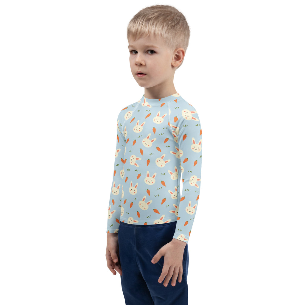 Kids Cute Bunny & Carrot Long Sleeve Rash Guard Swim Shirt – Buttery Soft, Sun Safe UPF 50+ Protection, Quick Dry & 4-Way Stretch Comfort