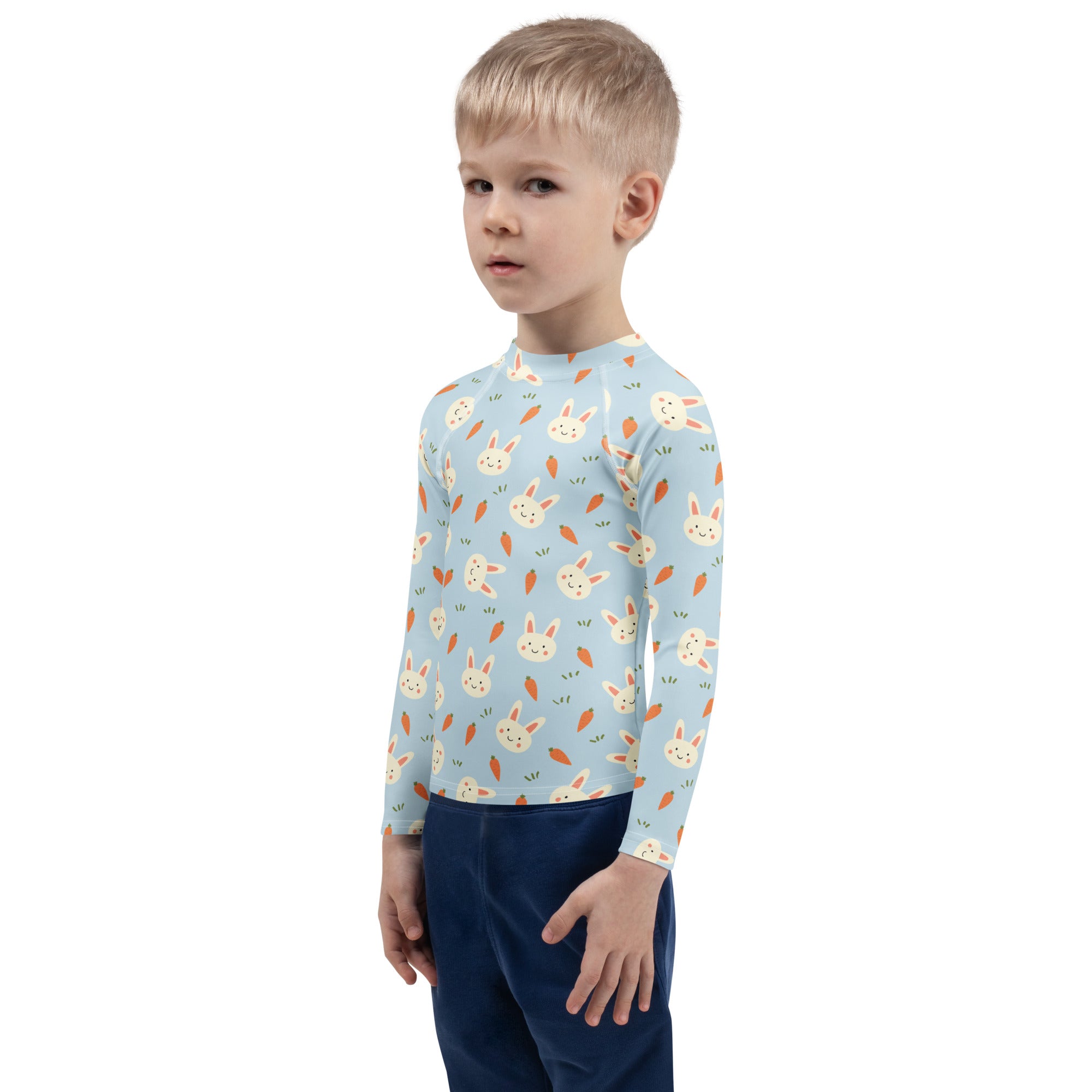 Kids Cute Bunny & Carrot Long Sleeve Rash Guard Swim Shirt – Buttery Soft, Sun Safe UPF 50+ Protection, Quick Dry & 4-Way Stretch Comfort
