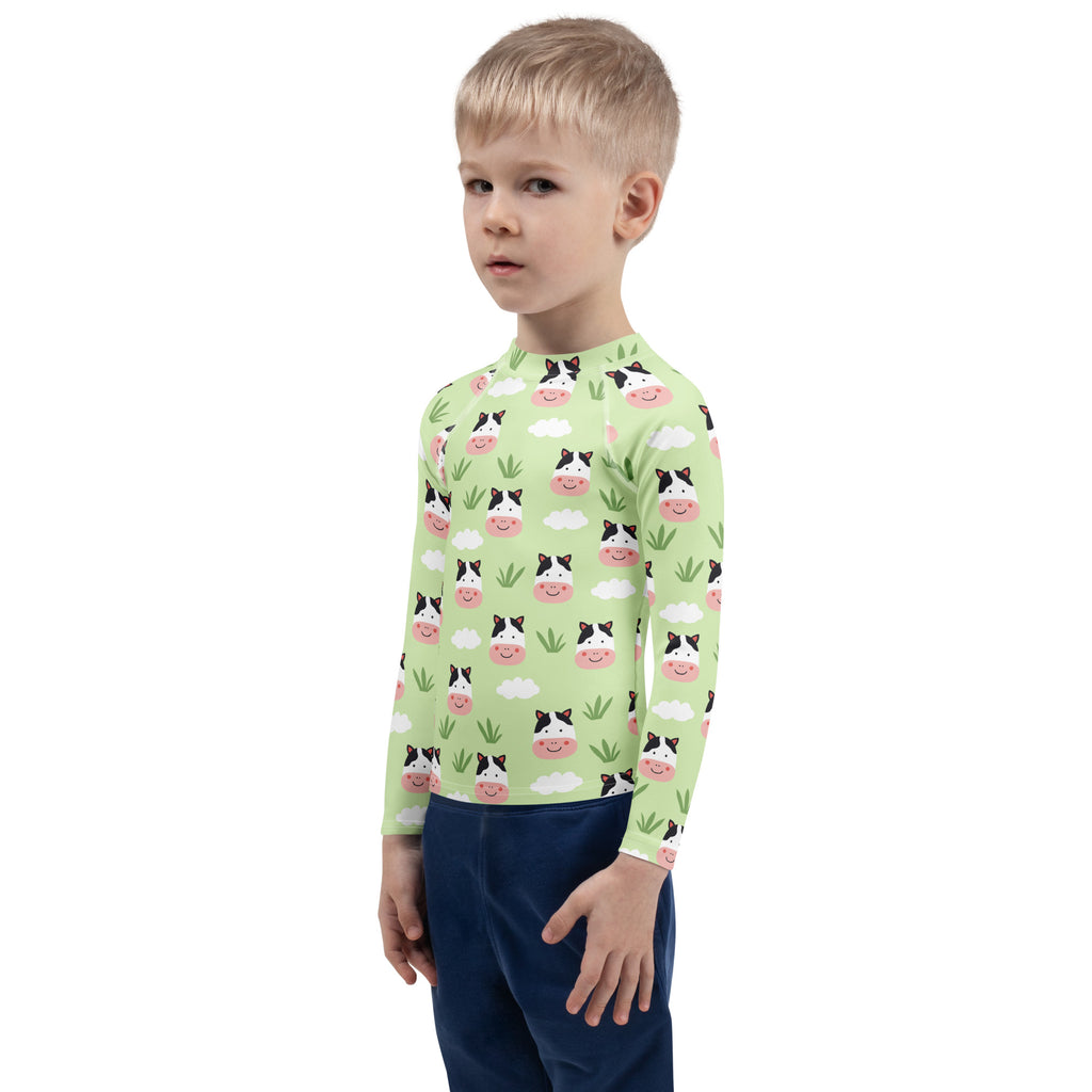 Kids Cute Farm Cow Long Sleeve Rash Guard Swim Shirt – Buttery Soft, Sun Safe UPF 50+ Protection, Quick Dry & 4-Way Stretch Comfort