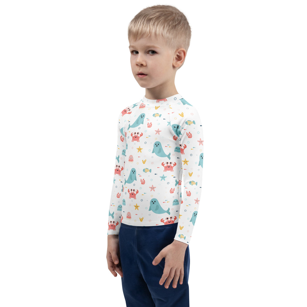 Kids Cute Ocean Animals Long Sleeve Rash Guard Swim Shirt – Buttery Soft, Sun Safe UPF 50+ Protection, Quick Dry & 4-Way Stretch Comfort
