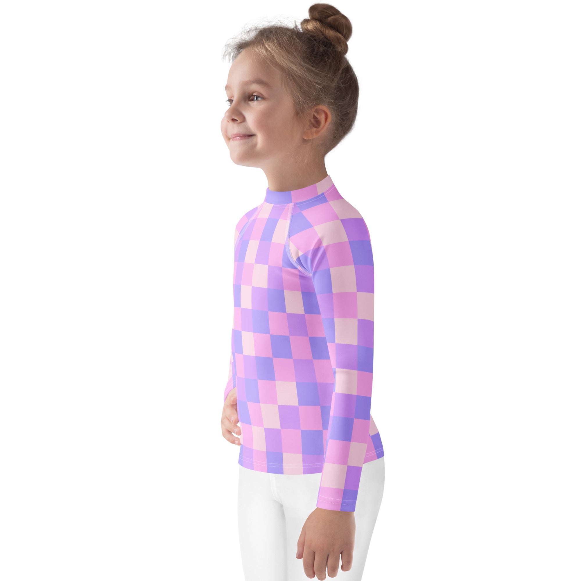 Girls Pink Purple Squares Long Sleeve Rash Guard Swim Shirt – Buttery Soft, Sun Safe UPF 50+ Protection, Quick Dry & 4-Way Stretch Comfort
