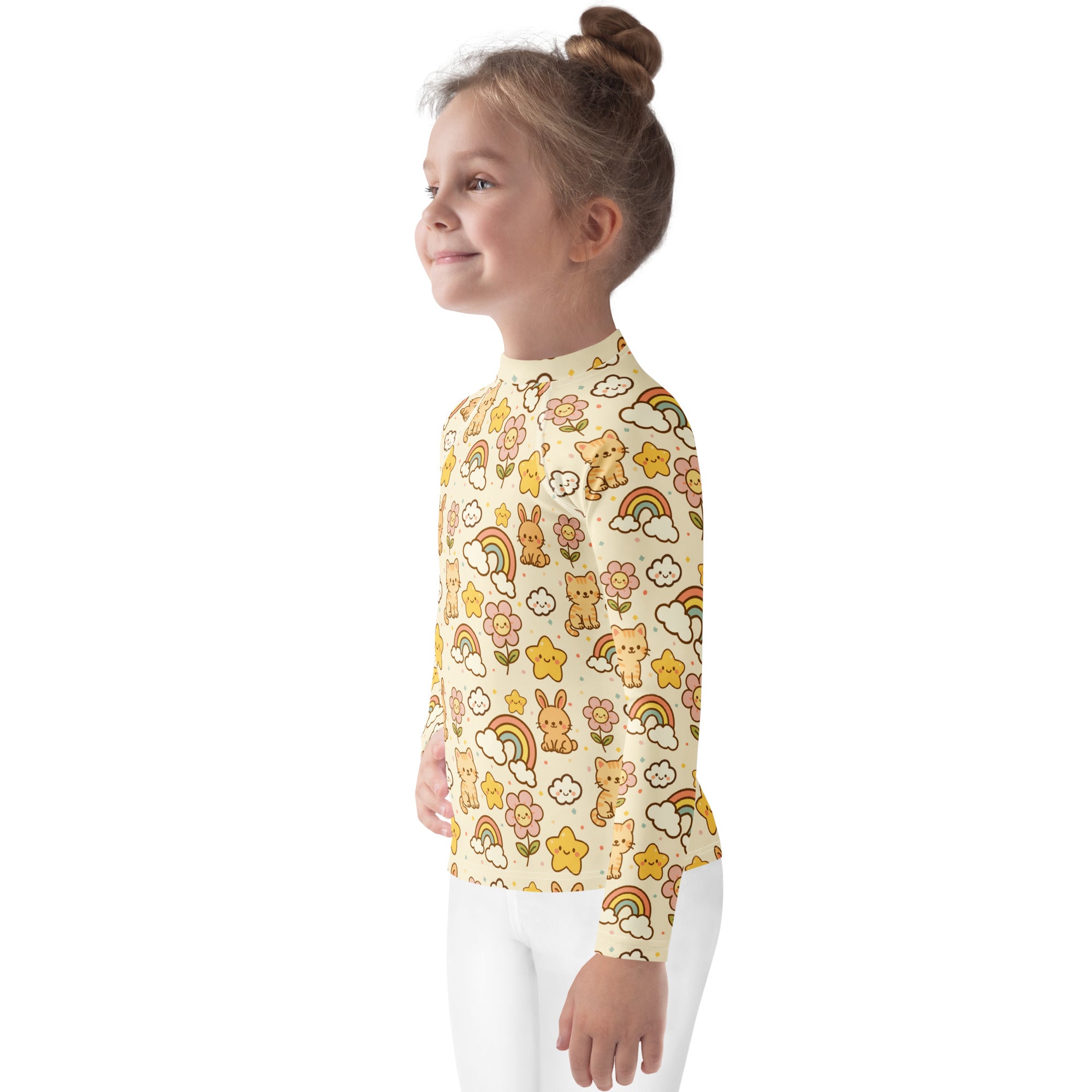 Kids Kawaii Rainbow Friends Long Sleeve Rash Guard Swim Shirt – Buttery Soft, Sun Safe UPF 50+ Protection, Quick Dry & 4-Way Stretch Comfort