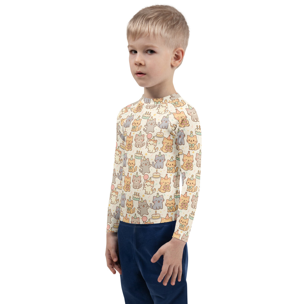 Kids Kitten Birthday Long Sleeve Rash Guard Swim Shirt – Buttery Soft, Sun Safe UPF 50+ Protection, Quick Dry & 4-Way Stretch Comfort