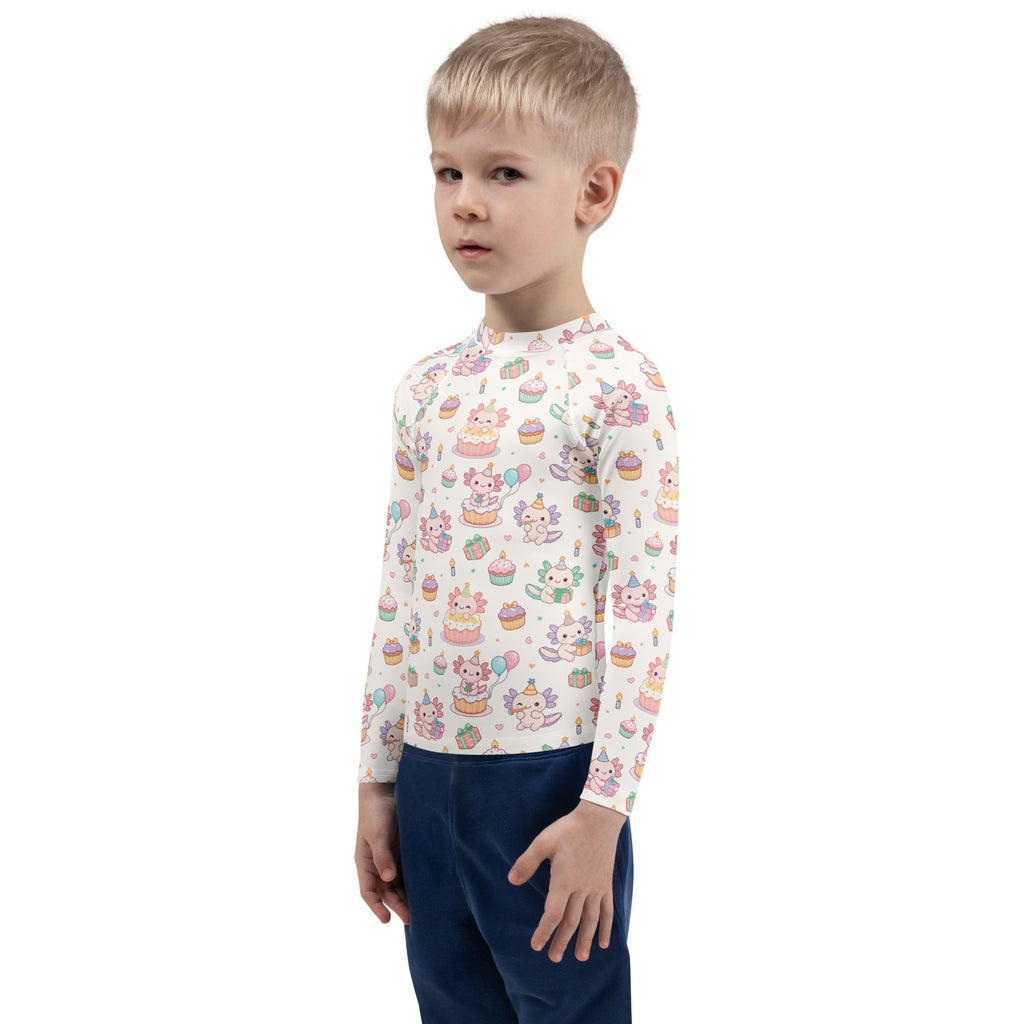 Kids Axolotl Birthday Long Sleeve Rash Guard Swim Shirt – Buttery Soft, Sun Safe UPF 50+ Protection, Quick Dry & 4-Way Stretch Comfort