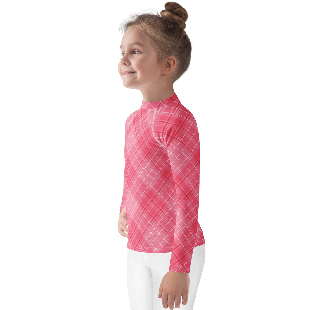 Girls Valentine’s Day Pink Plaid Long Sleeve Rash Guard Swim Shirt – Buttery Soft, Sun Safe UPF 50+ Protection, Quick Dry & 4-Way Stretch Comfort