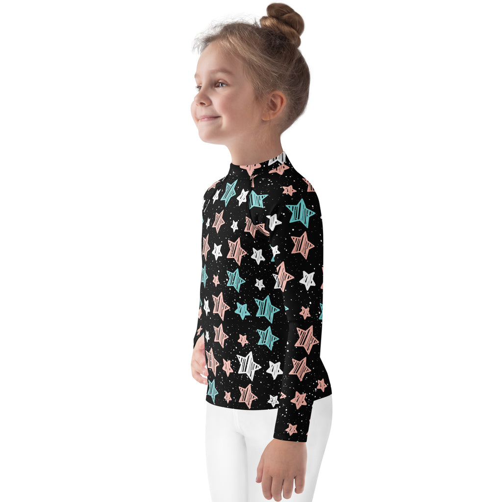 Girls Colorful Doodle Stars Stripe Long Sleeve Rash Guard Swim Shirt – Buttery Soft, Sun Safe UPF 50+ Protection, Quick Dry & 4-Way Stretch Comfort