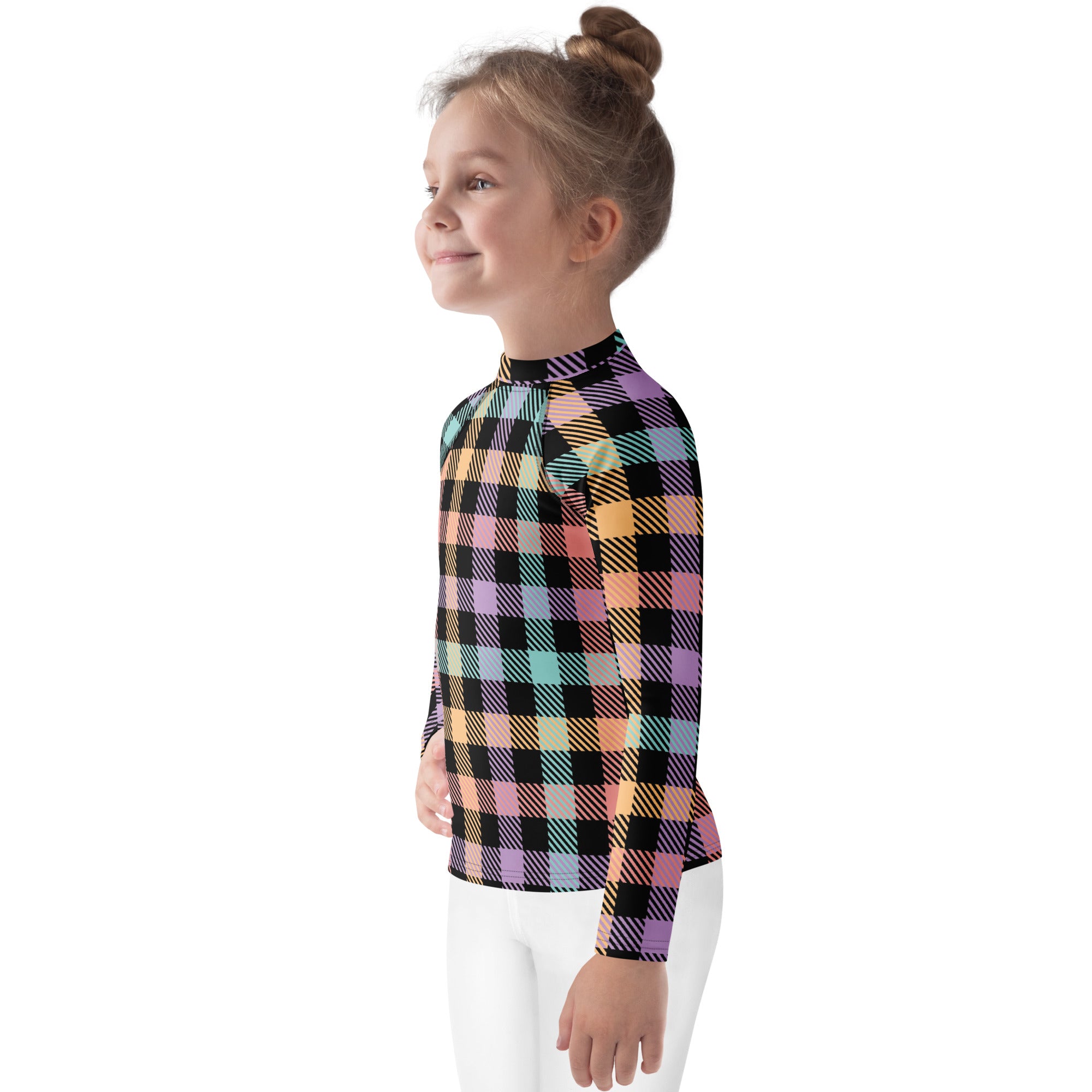 Girls Colorful Pastel Plaid Long Sleeve Rash Guard Swim Shirt – Buttery Soft, Sun Safe UPF 50+ Protection, Quick Dry & 4-Way Stretch Comfort