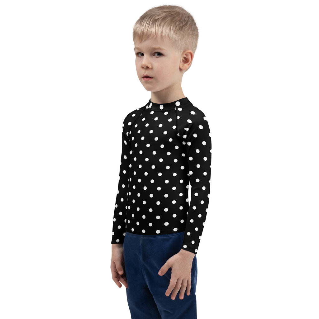 Kids Black Polka Dot Long Sleeve Rash Guard Swim Shirt – Buttery Soft, Sun Safe UPF 50+ Protection, Quick Dry & 4-Way Stretch Comfort
