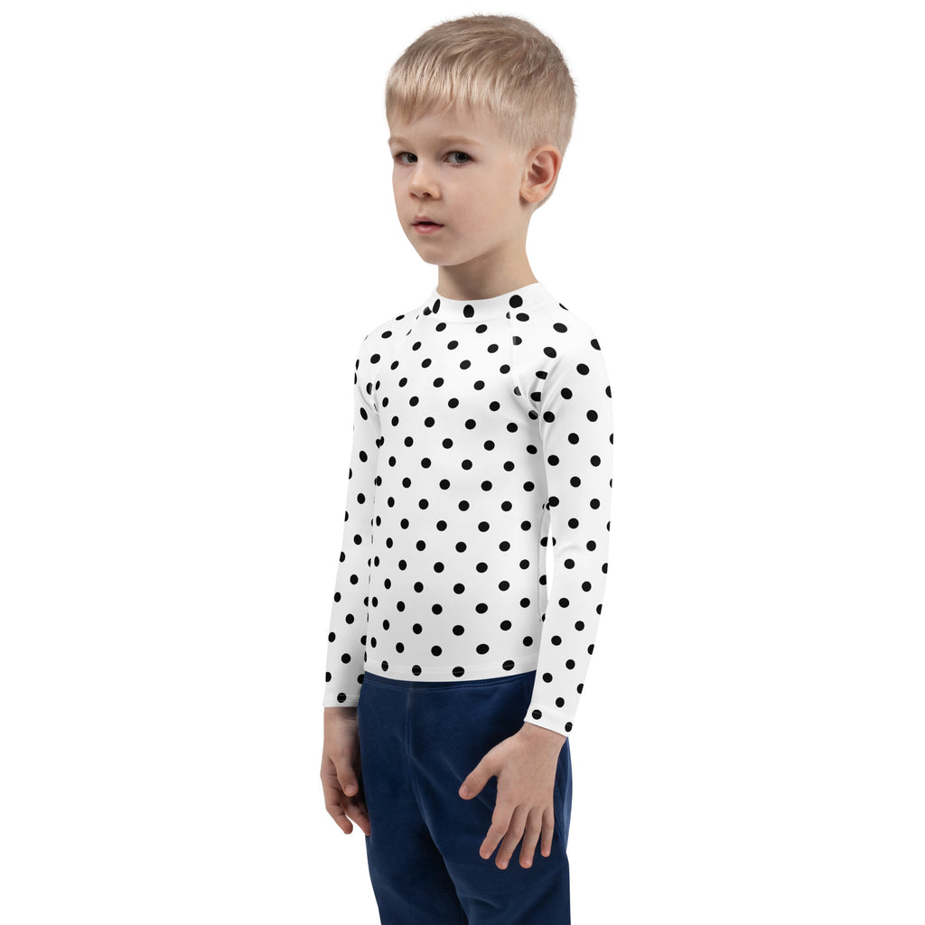 Kids White Polka Dot Long Sleeve Rash Guard Swim Shirt – Buttery Soft, Sun Safe UPF 50+ Protection, Quick Dry & 4-Way Stretch Comfort
